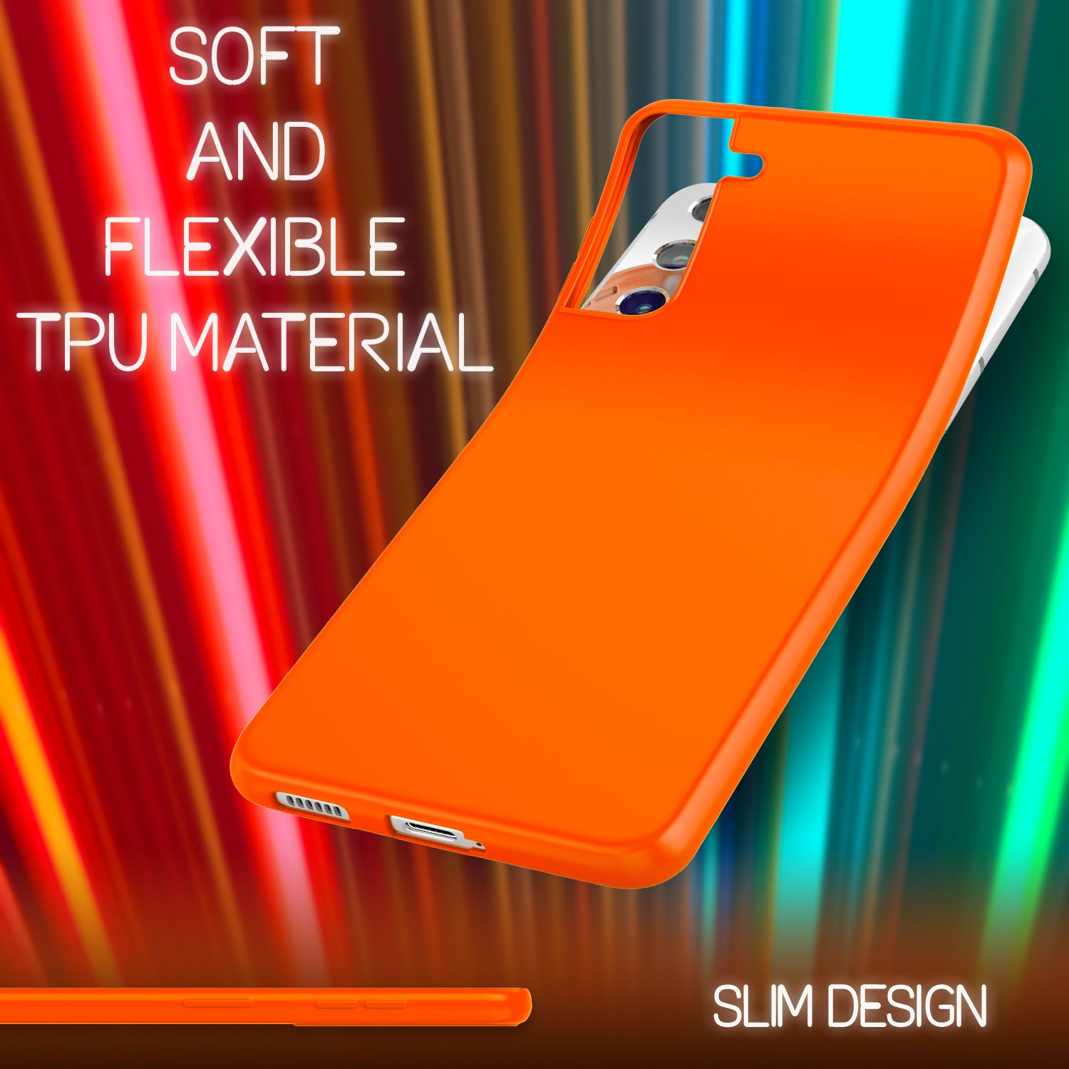 Orangefarbene Handyhülle. Die Hülle besteht aus weichem, flexiblem TPU-Material.