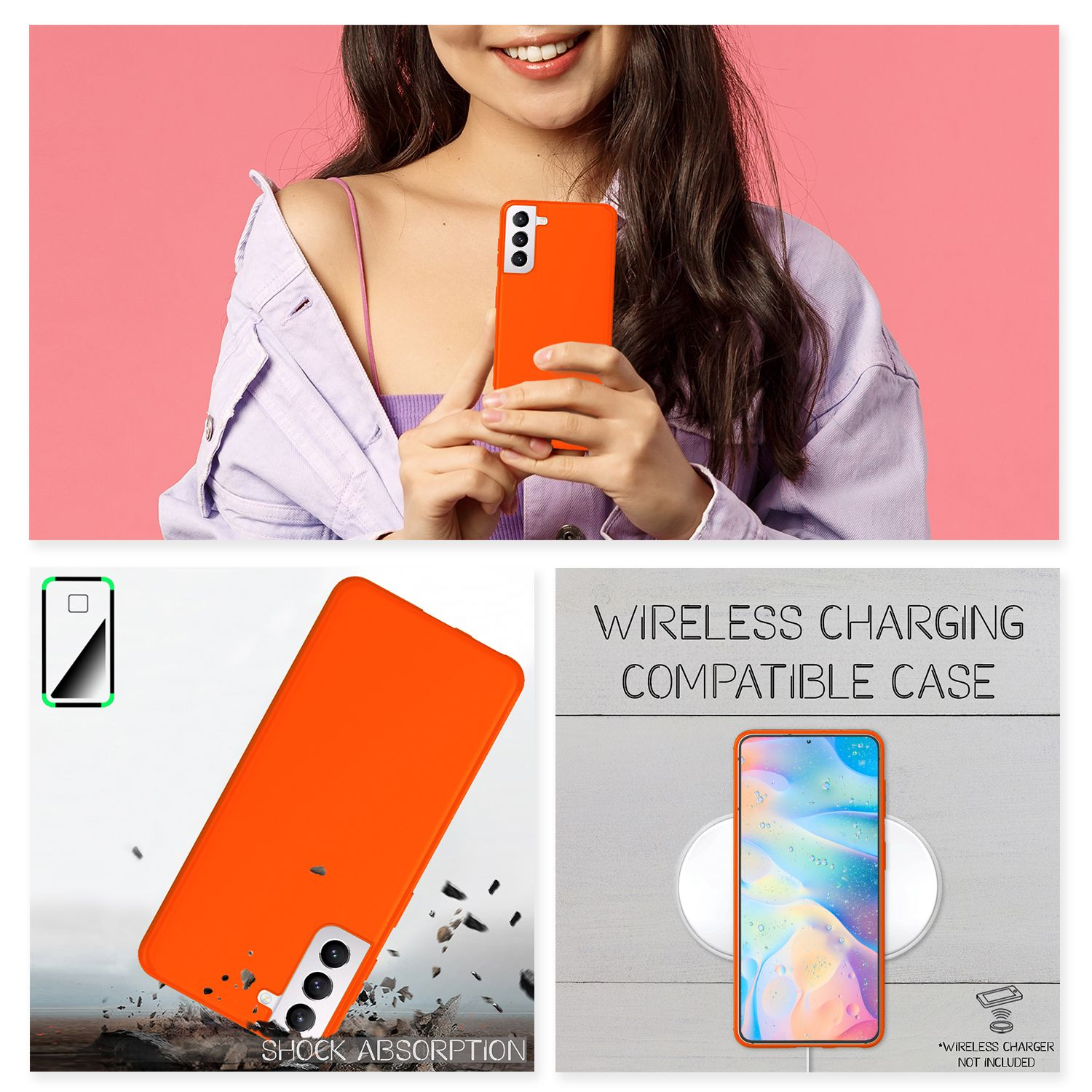 Eine Frau hält ein orangefarbenes Telefon. Die Handyhülle wird mit Stoßdämpfung gezeigt. Kabelloses Laden wird gezeigt.