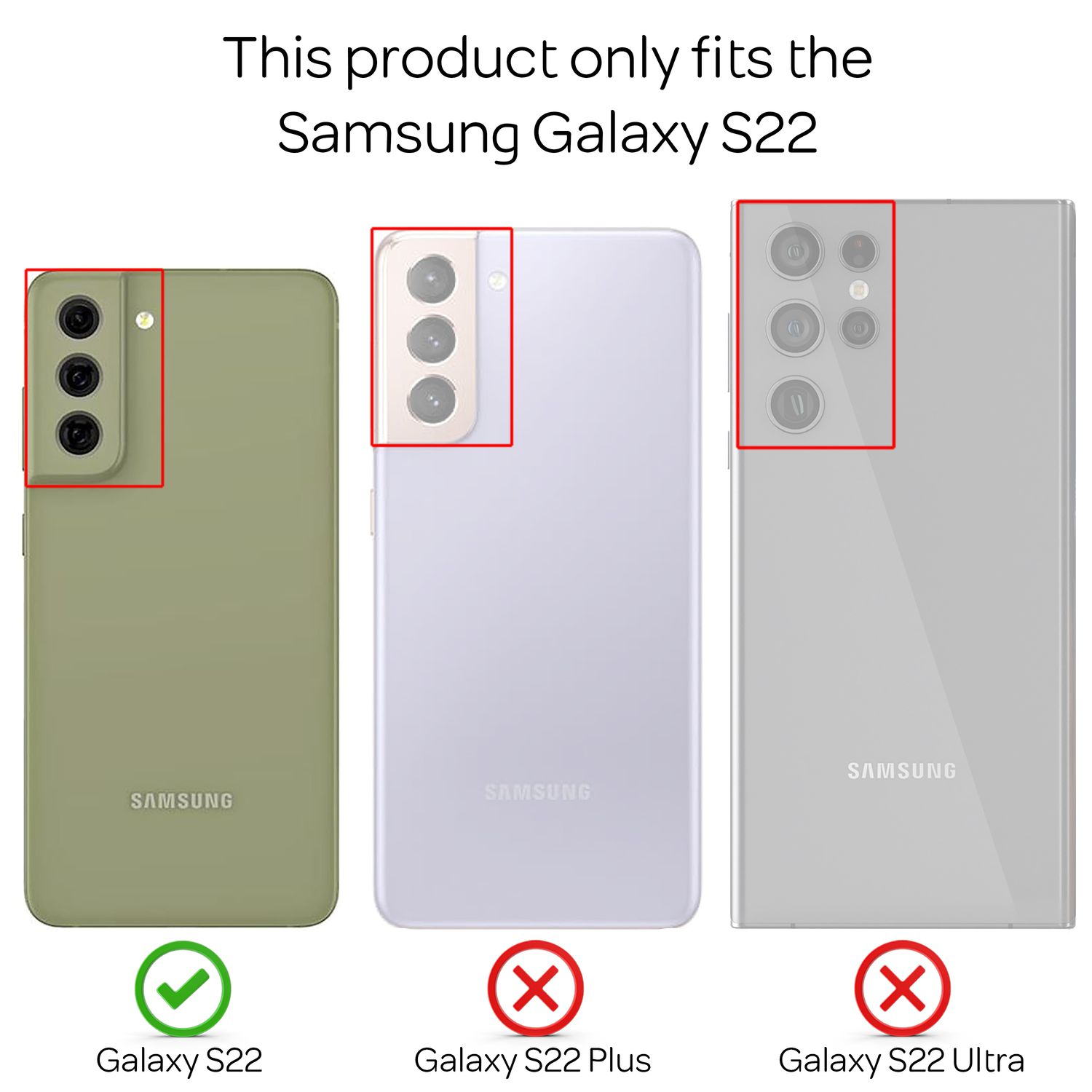 Tre telefoni Samsung Galaxy: S22 verde, S22 Plus viola e S22 Ultra grigio. Solo S22 è approvato.