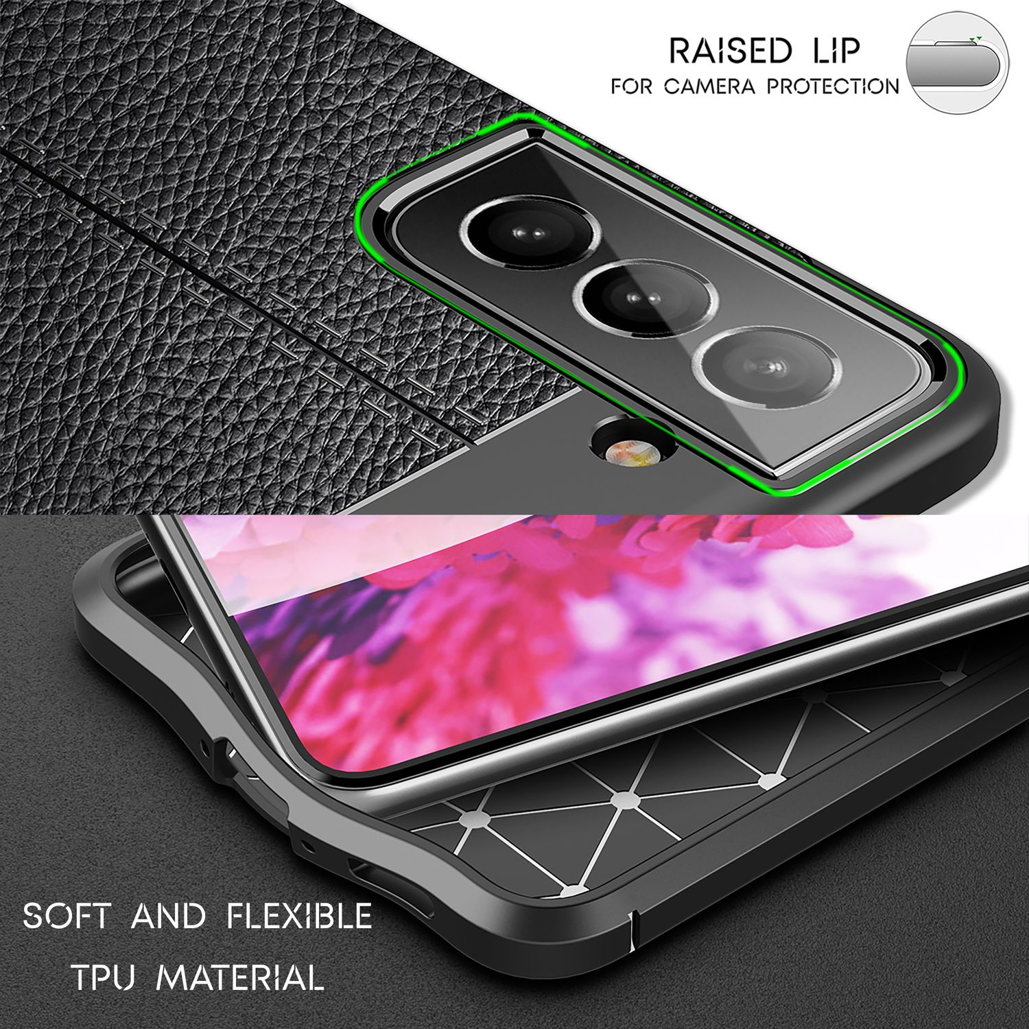 Schwarze Handyhülle mit Kameraschutz und weichem, flexiblem TPU-Material. Der Hintergrund ist schwarz und grau.