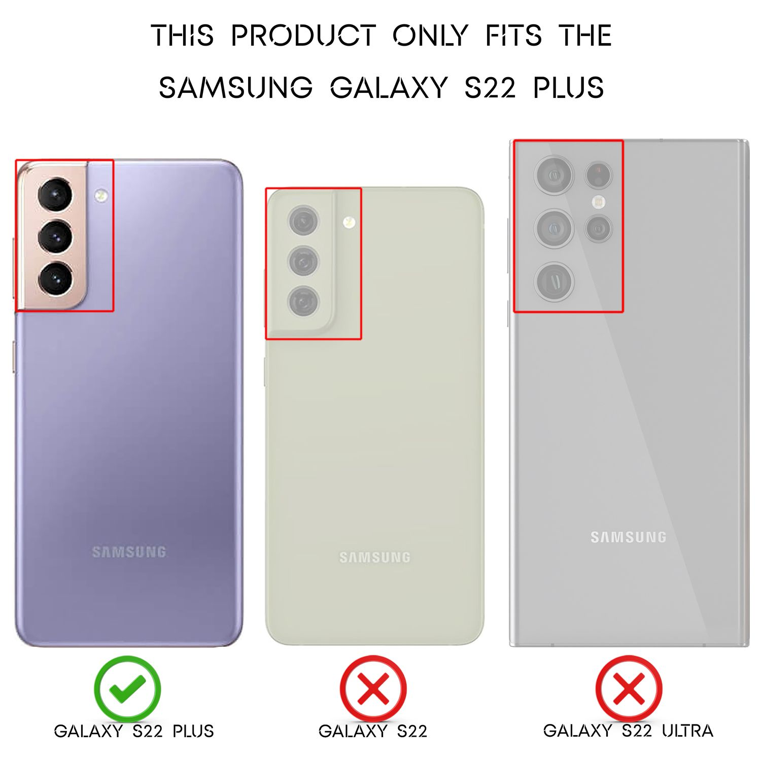 Vergleich von Handyhüllen für Samsung Galaxy S22 Plus, S22 und S22 Ultra. Grünes Häkchen für S22 Plus.