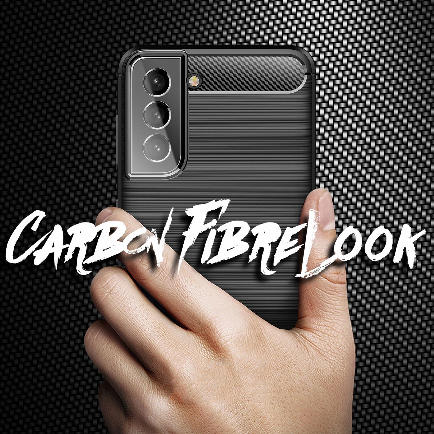Mano che tiene una custodia per telefono con un aspetto in fibra di carbonio. Il testo 'CARBON FIBRE LOOK' è visibile.