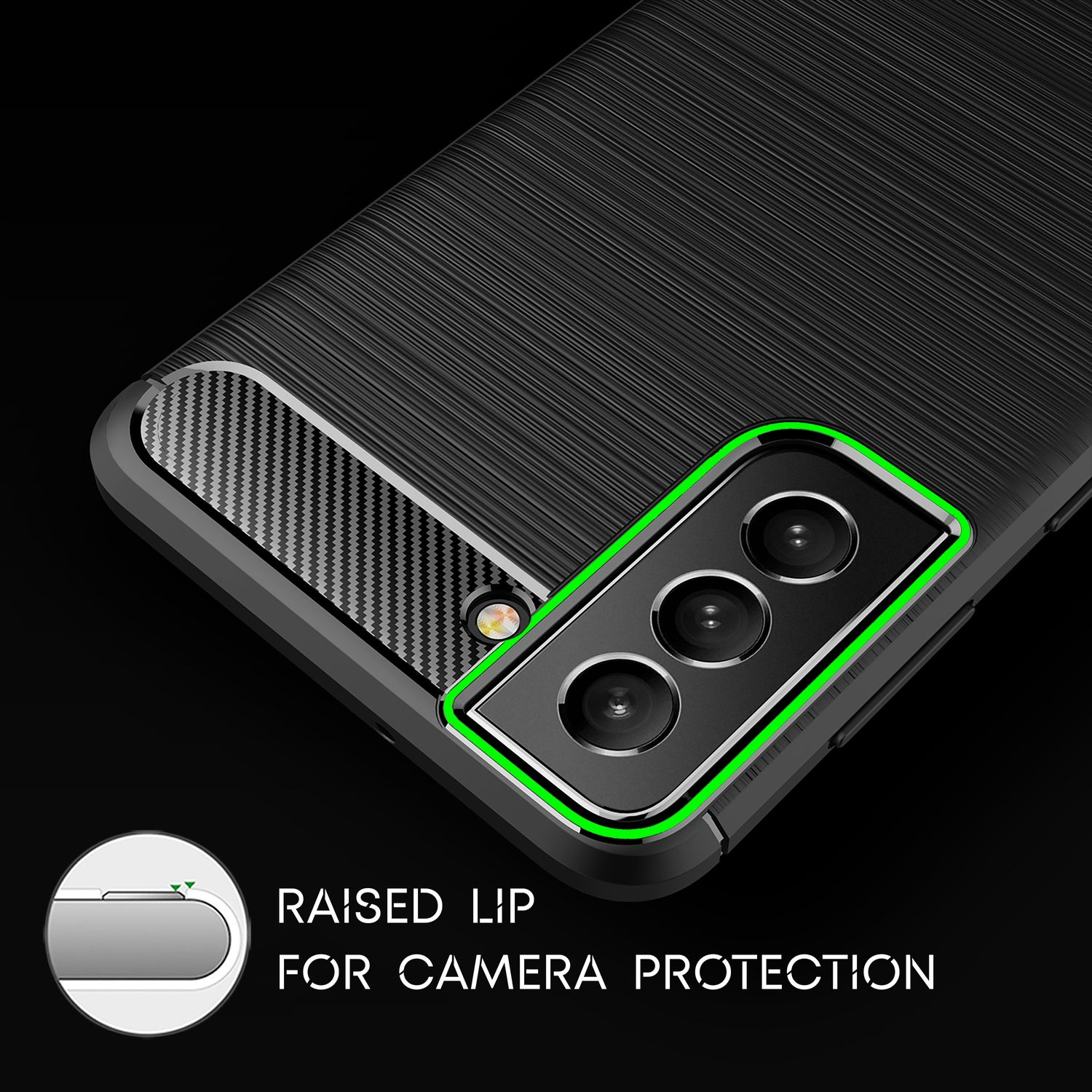 Una custodia per telefono con finitura nera strutturata, intaglio fotocamera con bordo verde e bordo rialzato.