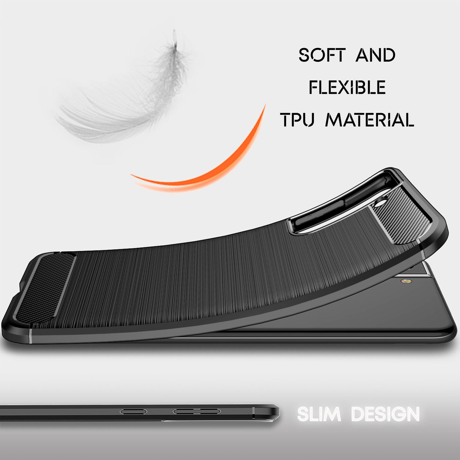 Custodia nera per telefono con una piuma e testo che dice materiale TPU morbido e flessibile e design sottile.
