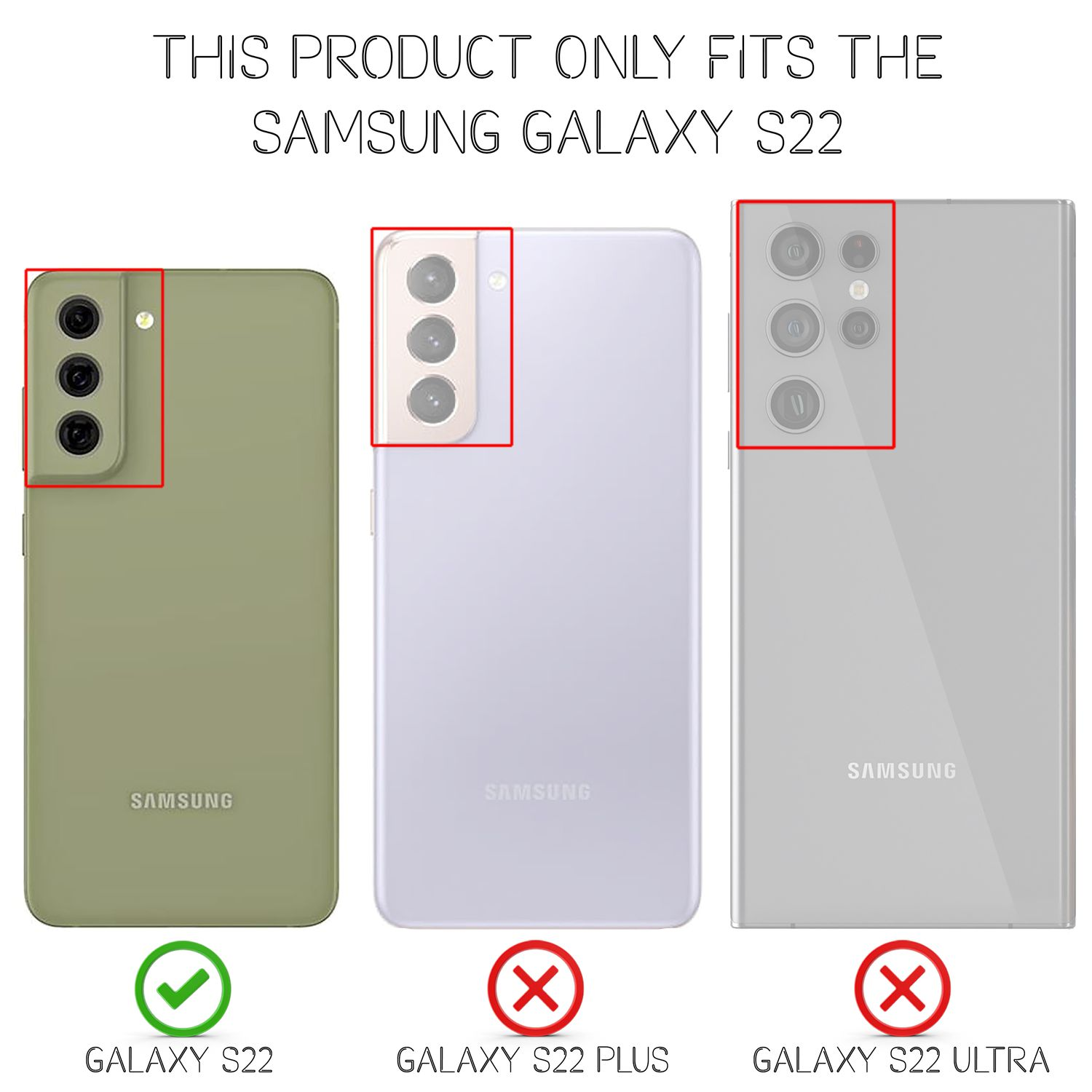 Tre telefoni, ognuno con diversi layout della fotocamera posteriore. Il testo indica la compatibilità con Galaxy S22.