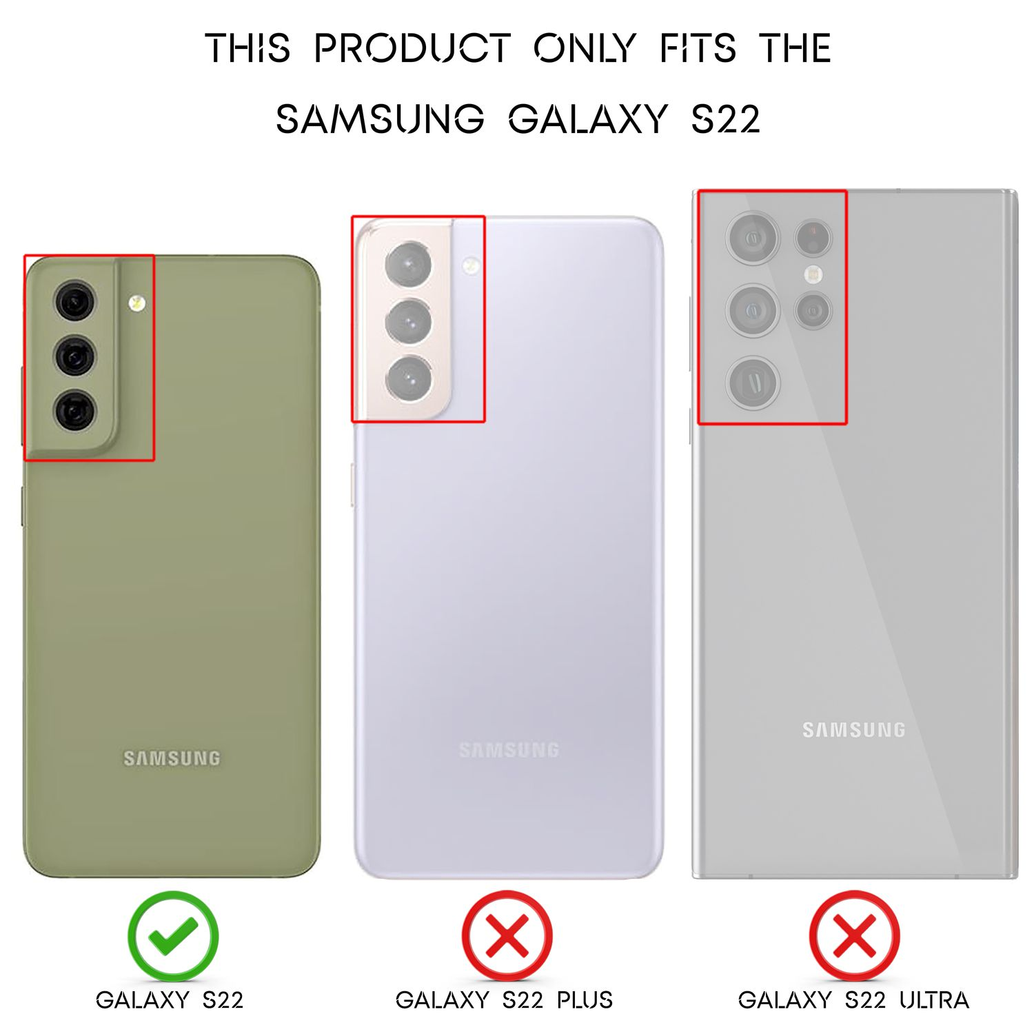 Confronto di tre telefoni, solo Galaxy S22 si adatta alla custodia; Galaxy S22 Plus e Ultra no.
