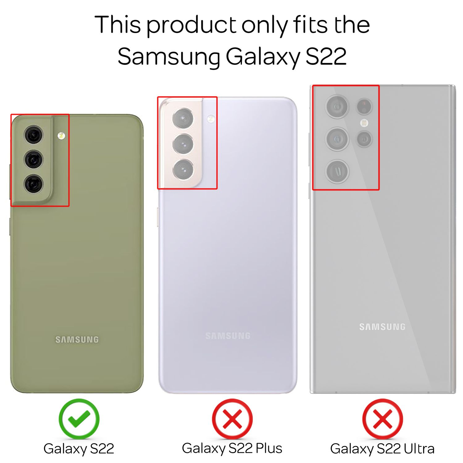 Tre telefoni, S22, S22 Plus, S22 Ultra, con un segno di spunta verde su S22 e una X rossa sugli altri.