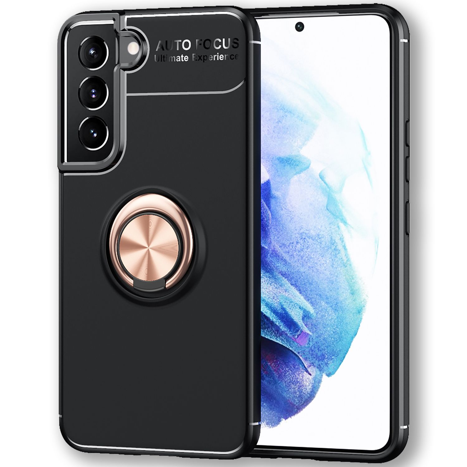 Funda de teléfono negra con soporte de anillo y diseño de cámara. El teléfono se muestra a la derecha.