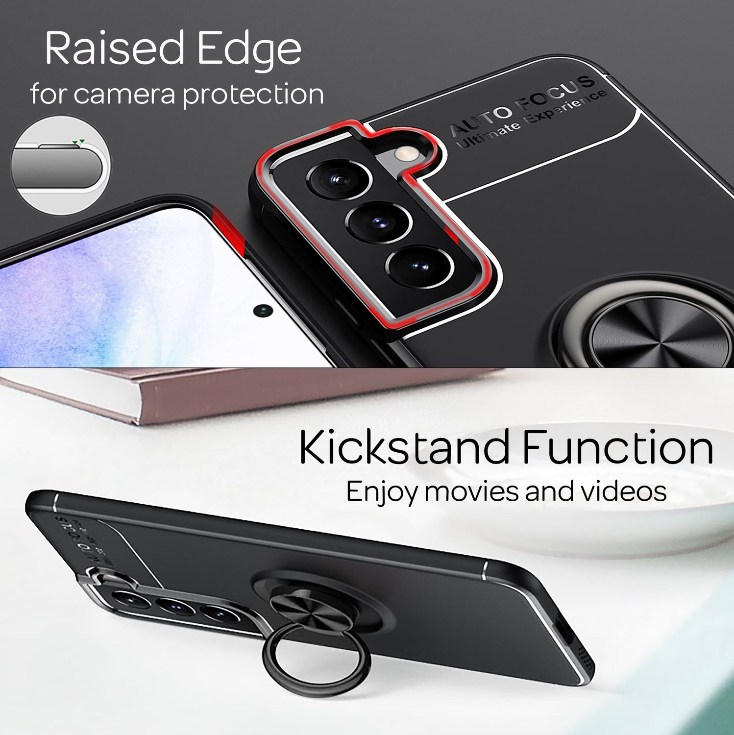 Funda de teléfono negra con protección de cámara y función de soporte. Colocada sobre una mesa.