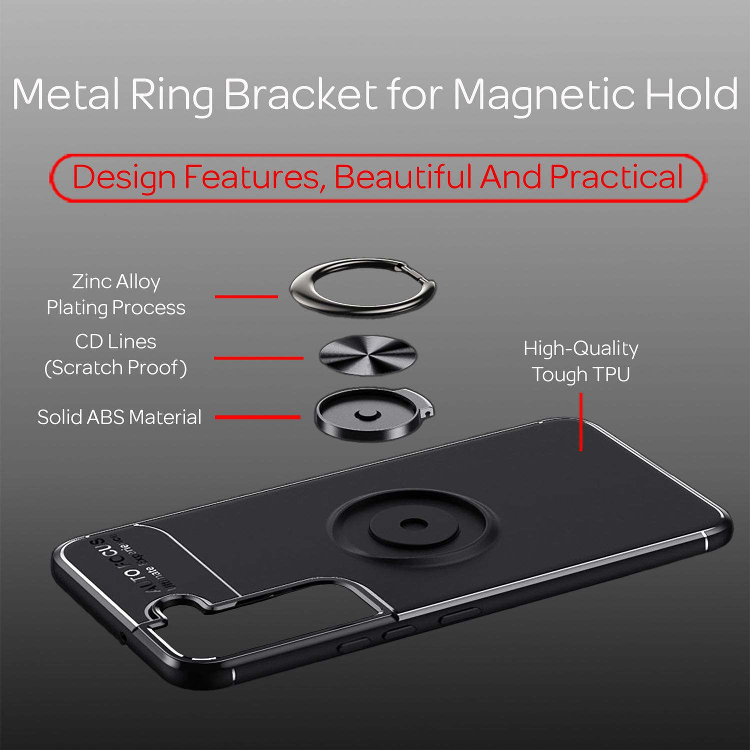 Funda negra con soporte de anillo y accesorios. Está hecha de plástico ABS.