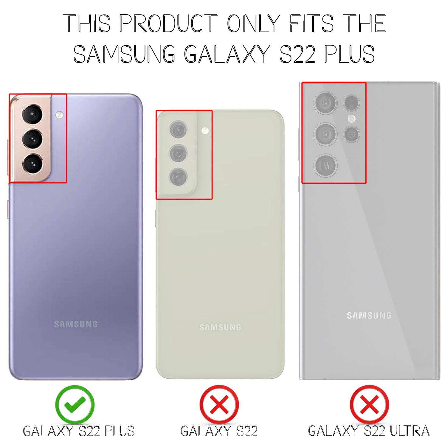 Vergleich von Handyhüllen für Samsung Galaxy S22 Plus, S22 und S22 Ultra. Grünes Häkchen.