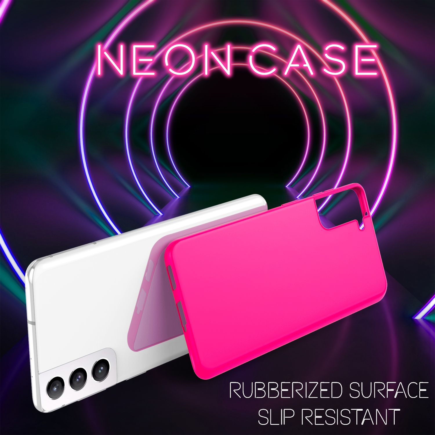 Weißes Telefon und pinke Handyhülle mit Neonlichtern. Text: gummierte Oberfläche, rutschfest.