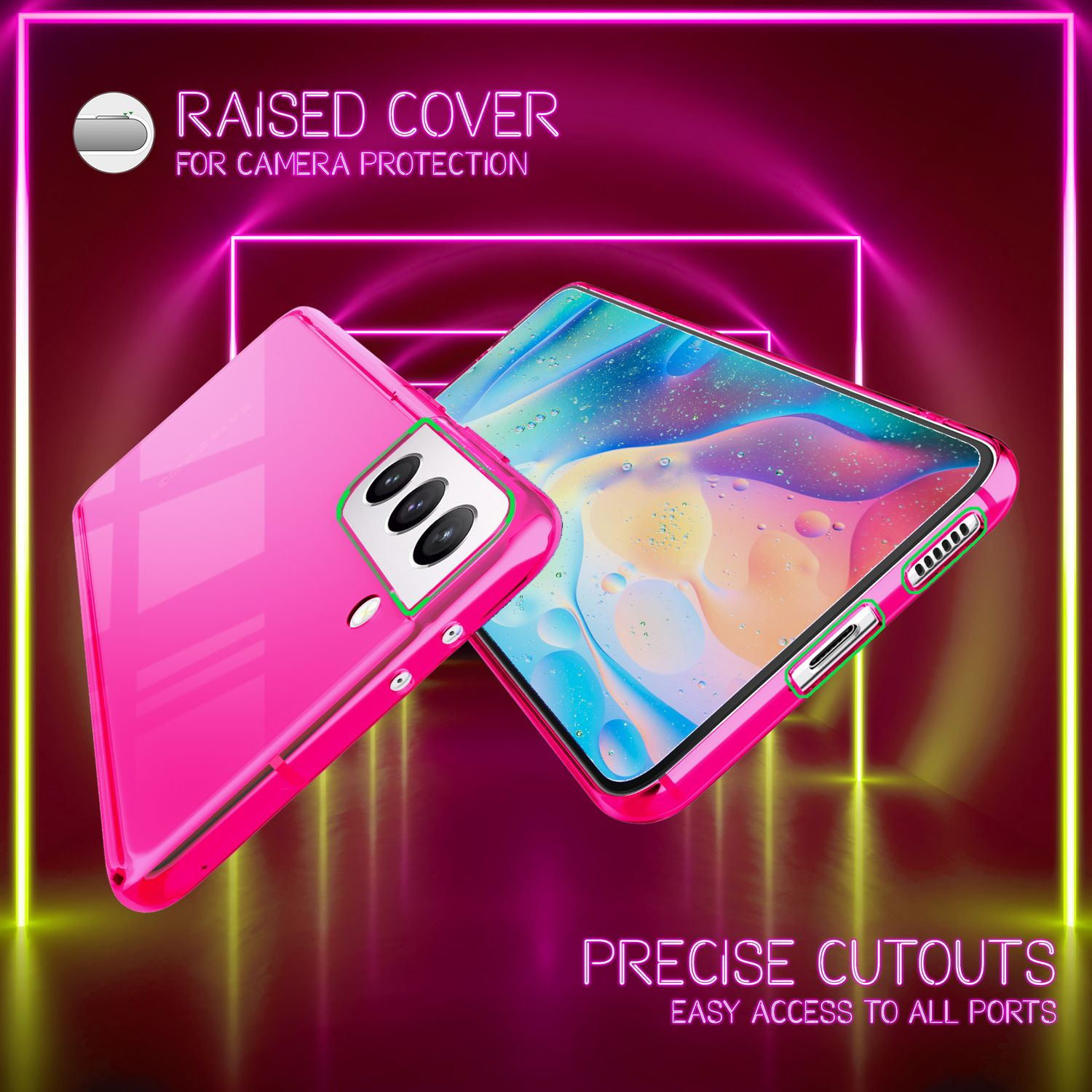 Due custodie rosa per telefono con il testo 'RAISED COVER' e 'PRECISE CUTOUTS'. Sfondo rosa neon.