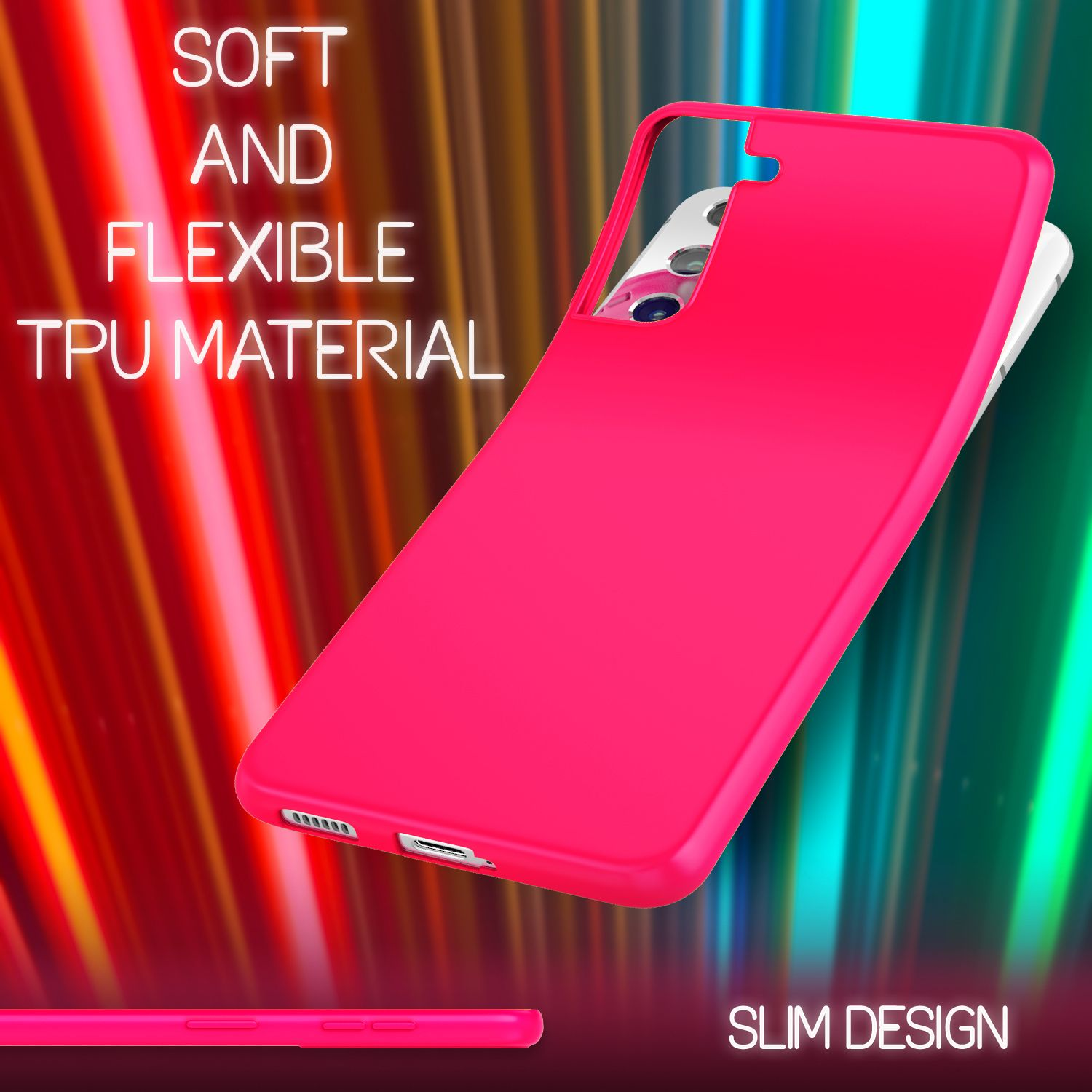 Rosa Handyhülle mit Text: Weiches und flexibles TPU-Material, schlankes Design, auf buntem Hintergrund.