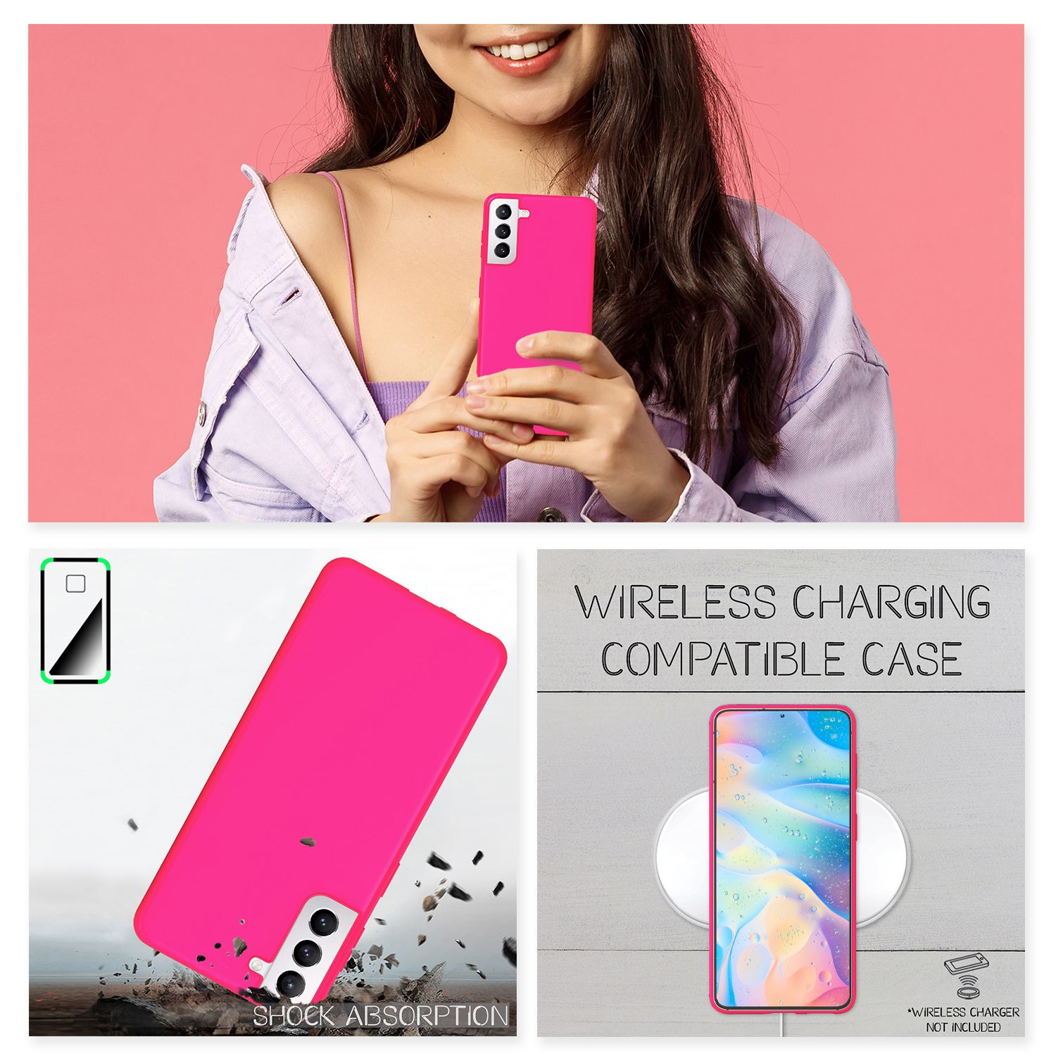 Frau hält pinkes Telefon in pinker Hülle. Ein Telefon mit Hülle auf Ladegerät wird gezeigt.