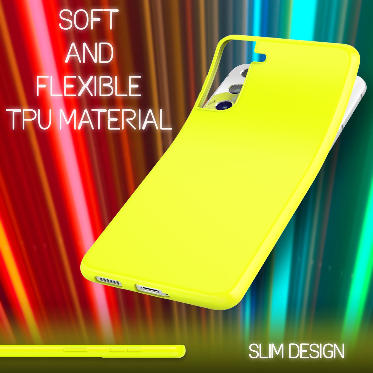 Gelbe Handyhülle. Texte: Weiches und flexibles TPU-Material und schlankes Design. Die Handyhülle ist auf einem Farbverlauf.