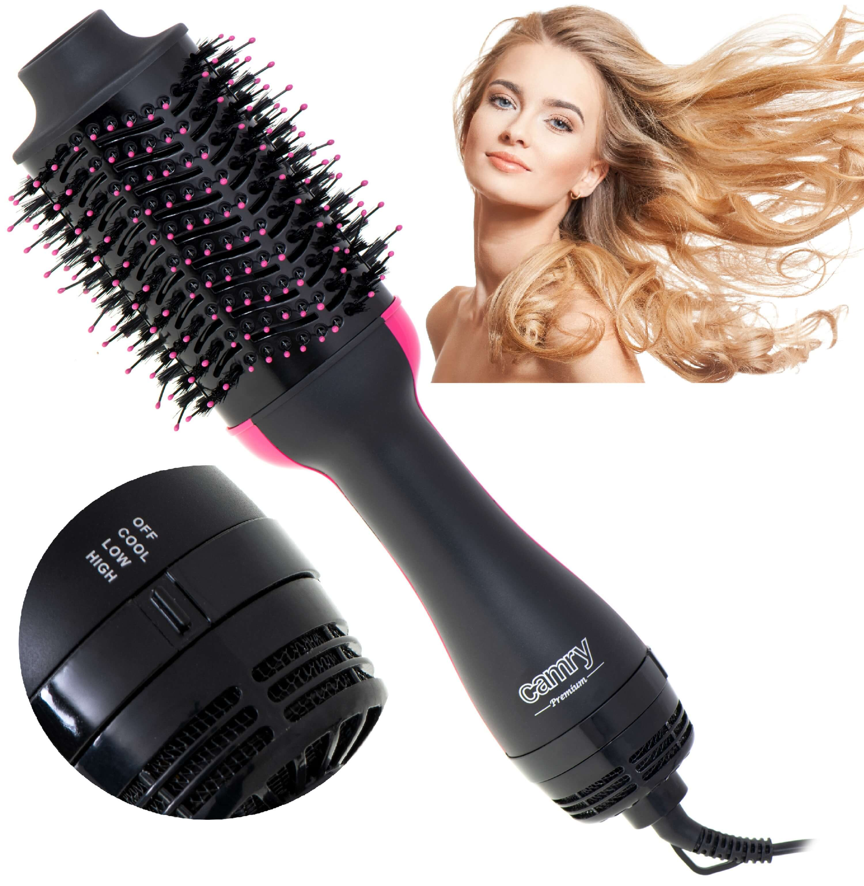 Szczotka do suszenia włosów z kobietą; białe tło.