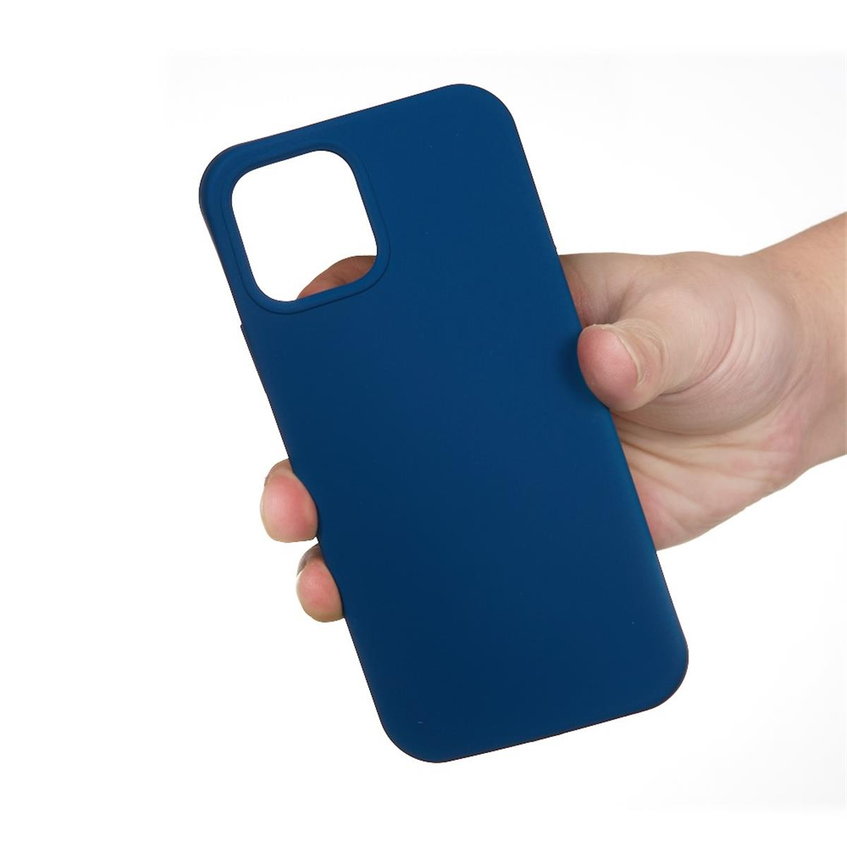 Eine blaue Handyhülle, die von einer Hand gehalten wird. Der Hintergrund ist weiß.
