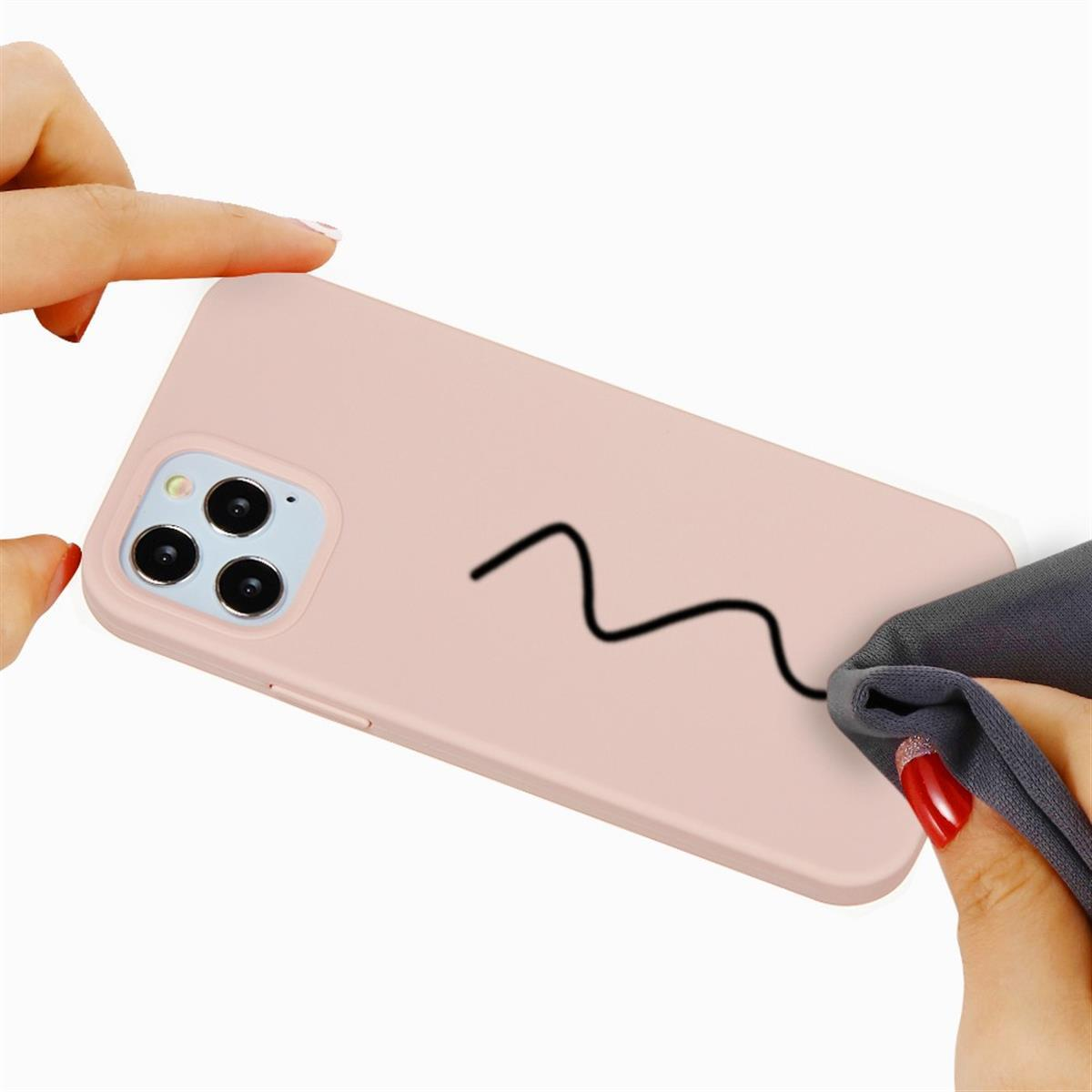 Eine Hand reinigt eine pinke Handyhülle mit einem schwarzen Strich.