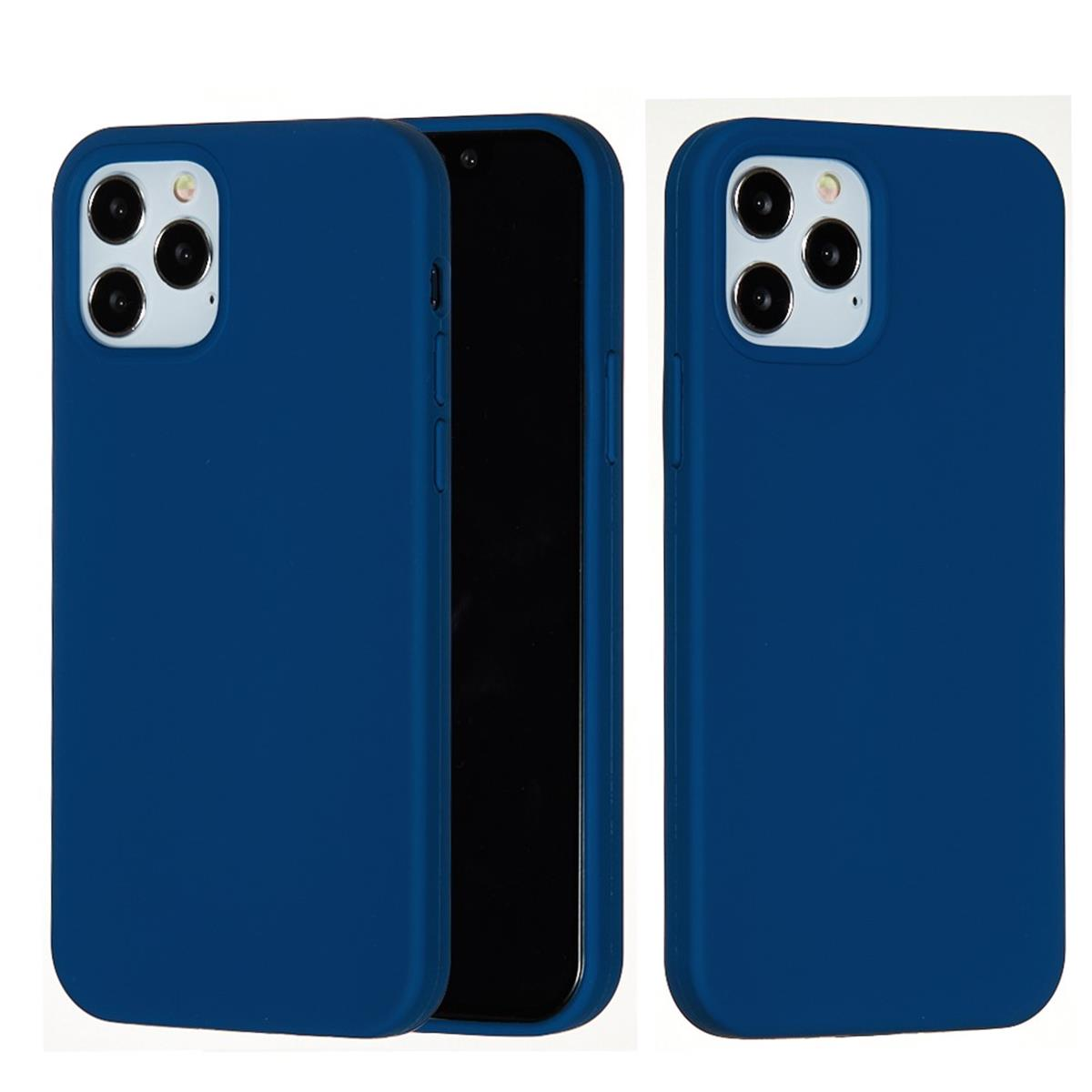 Zwei Telefone mit blauen Hüllen. Ein Telefon hat einen schwarzen Bildschirm, das andere zeigt den Bildschirm des Telefons.