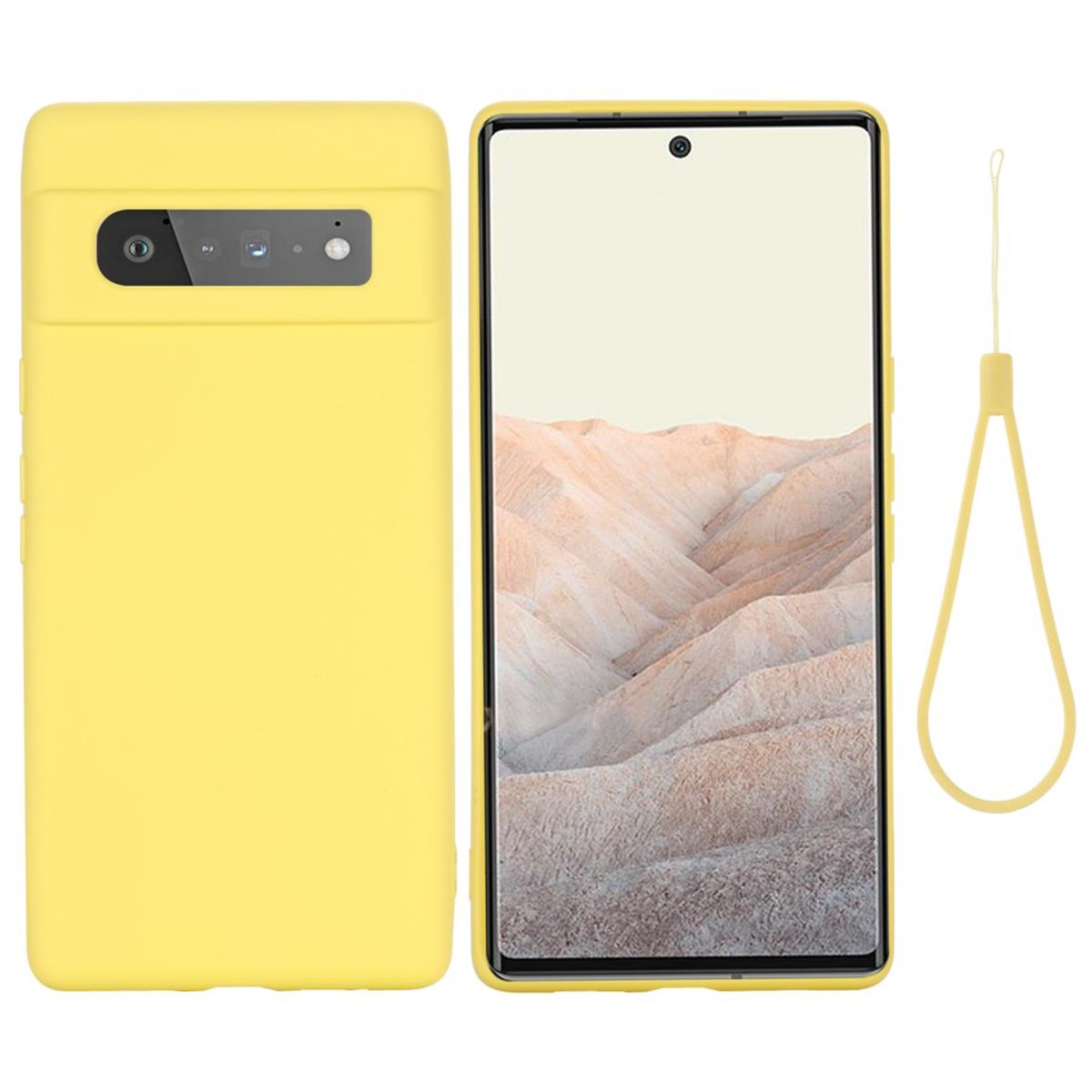 Gelbe Handyhülle neben einem Handy mit Landschaftsbild auf dem Bildschirm. Riemen enthalten.