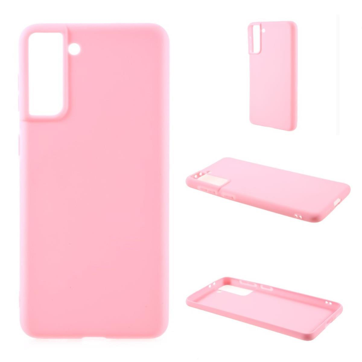 Mehrere rosa Handyhüllen. Eine liegt an der Seite, eine flach, und eine umgestülpt, auf weißem Grund.