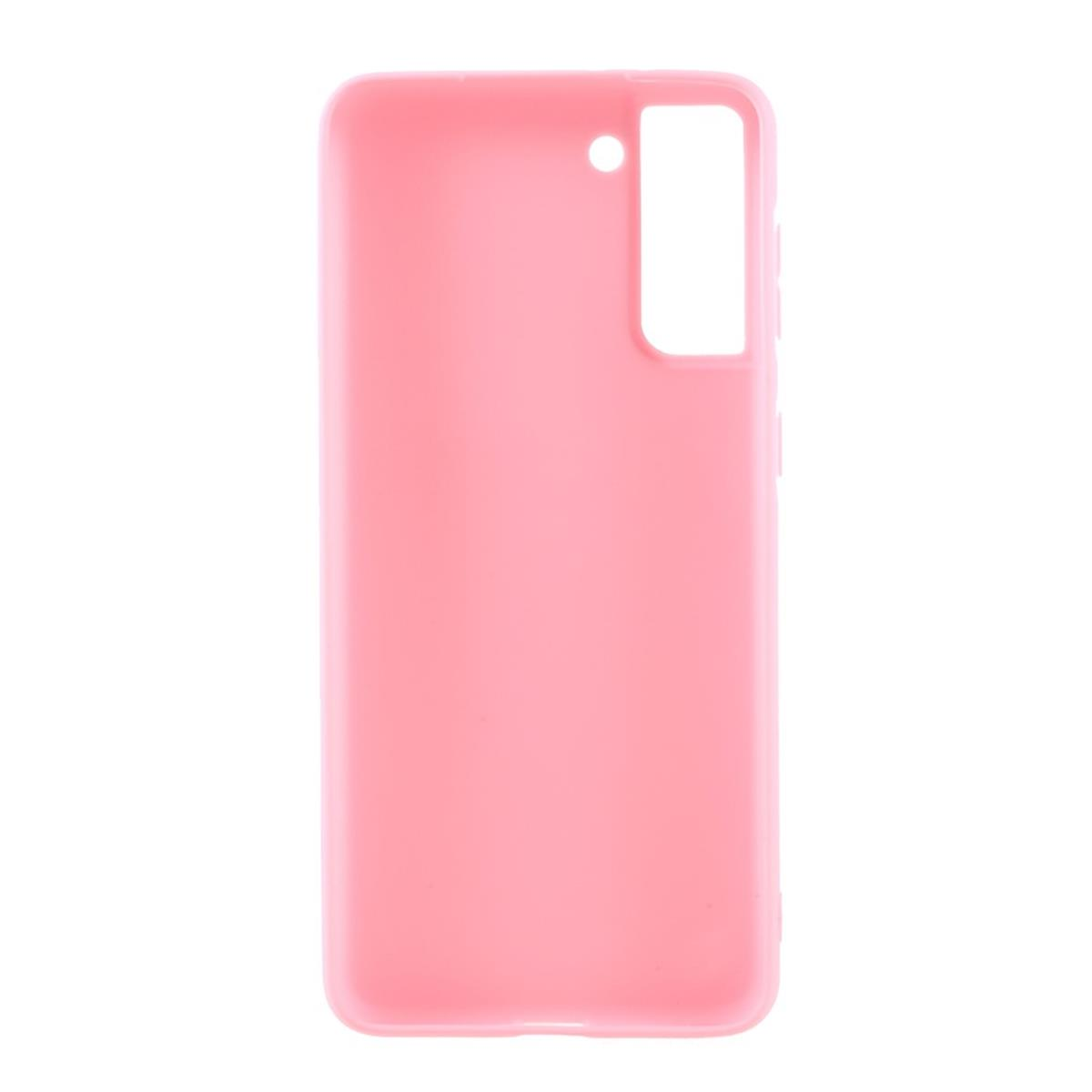 Eine rosa Handyhülle, die den Kameraausschnitt und die Seitentasten zeigt.