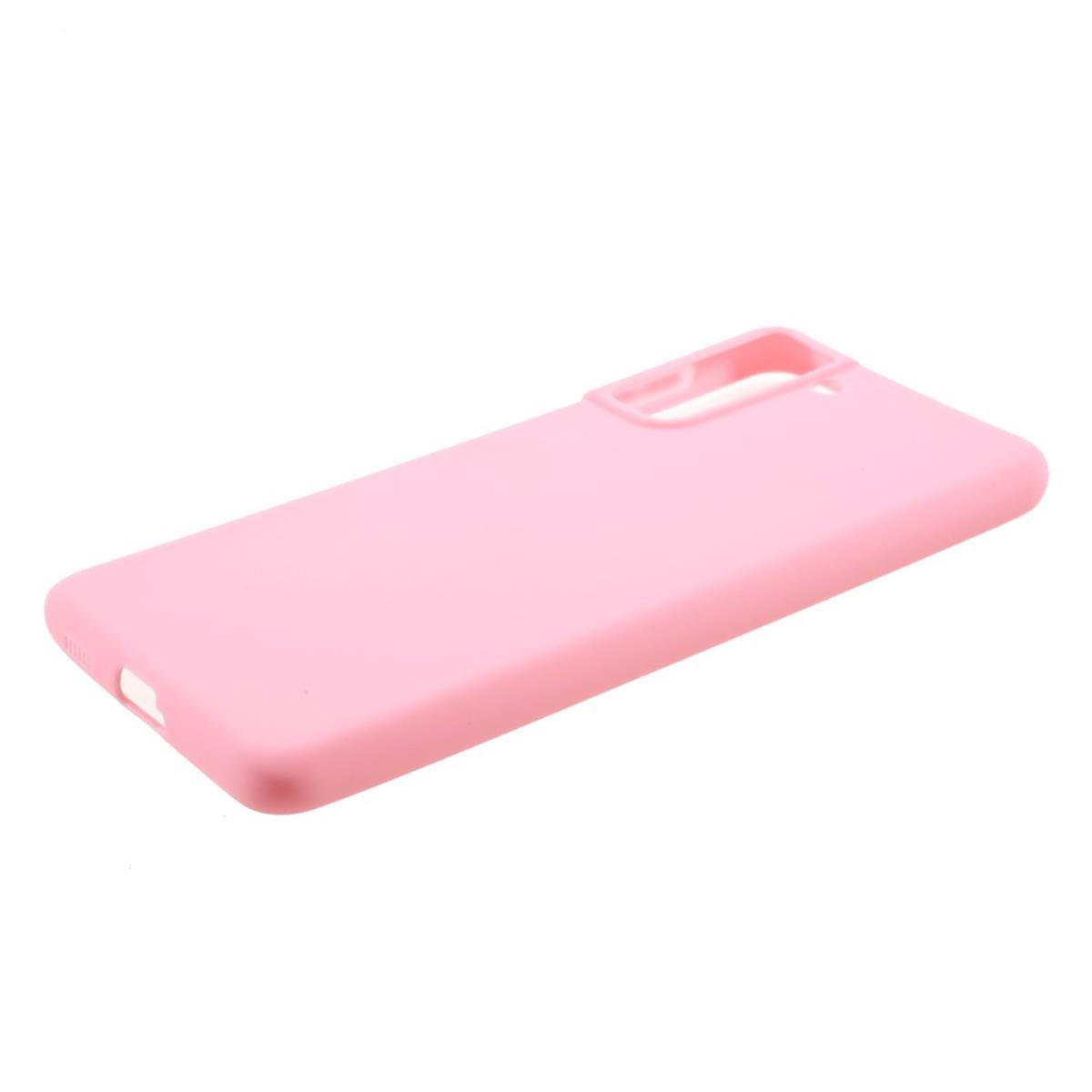Eine rosa Handyhülle auf weißem Hintergrund. Die Hülle hat Aussparungen für Kamera und Knöpfe.