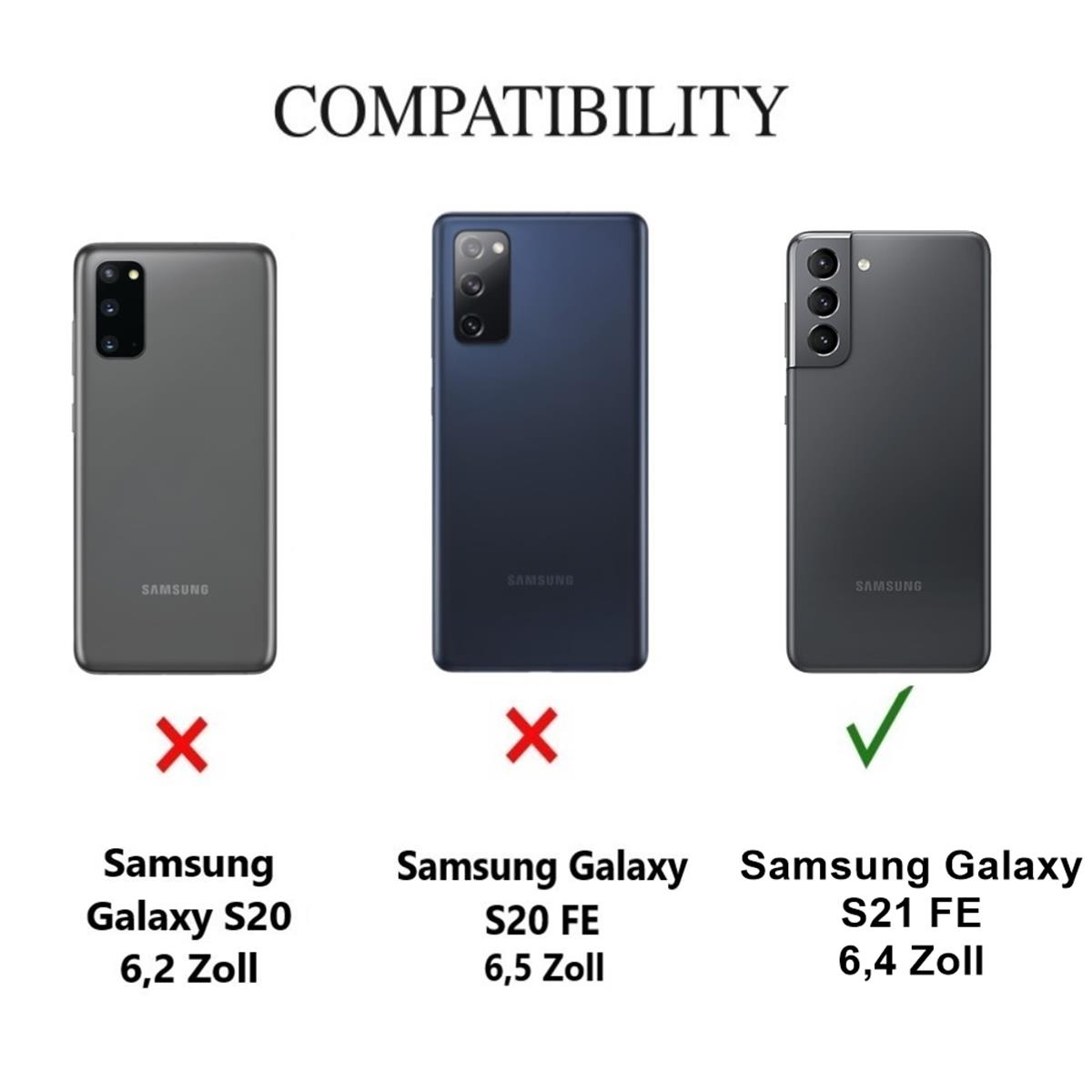 Eine Kompatibilitätstabelle mit Samsung Galaxy-Telefonen, S21 FE als kompatibel markiert.