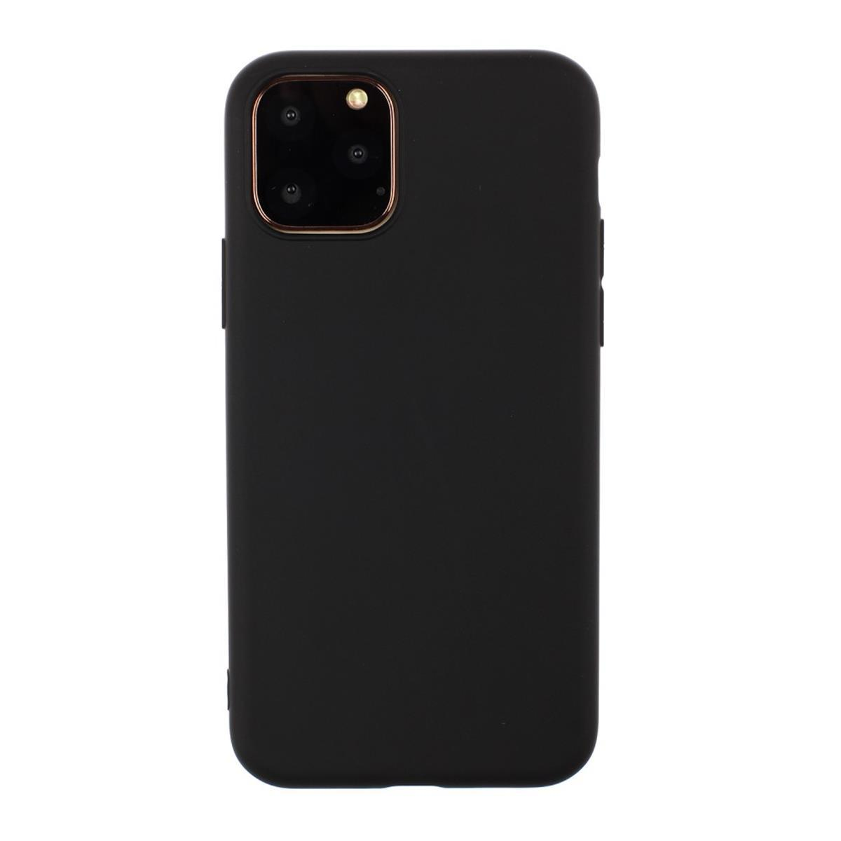 Eine schwarze Handyhülle mit goldener Kameraumrandung. Der Hintergrund ist weiß.