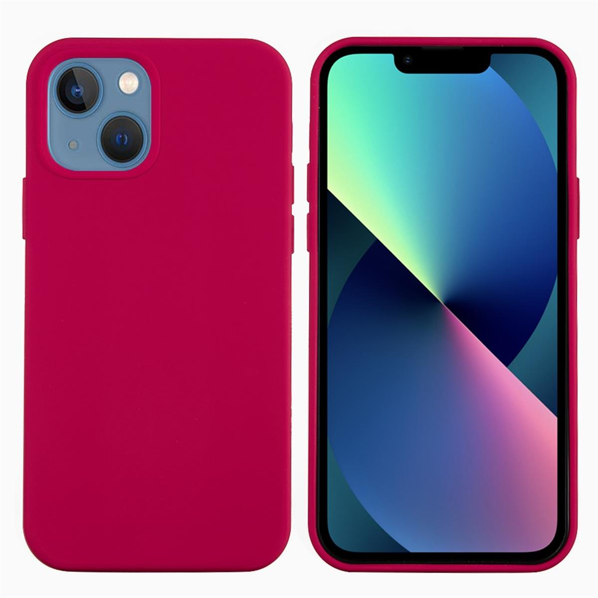Eine magentafarbene Handyhülle neben einem Telefon mit farbenfrohem Bildschirm. Beide auf weißem Hintergrund.