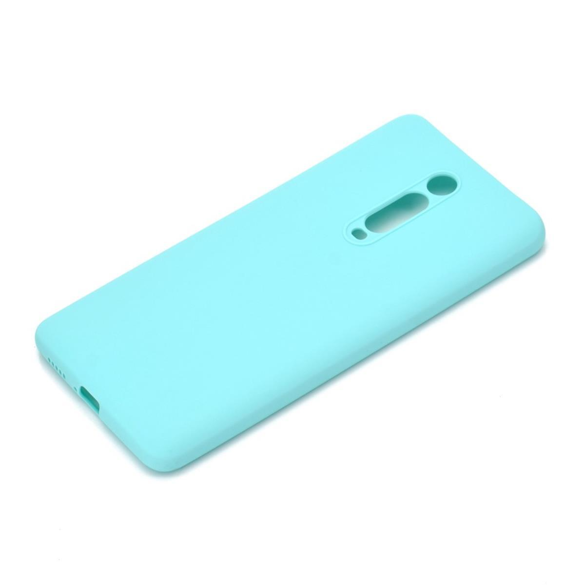 Blaue Handyhülle mit Kamera- und Knopfausschnitten. Weißer Hintergrund.
