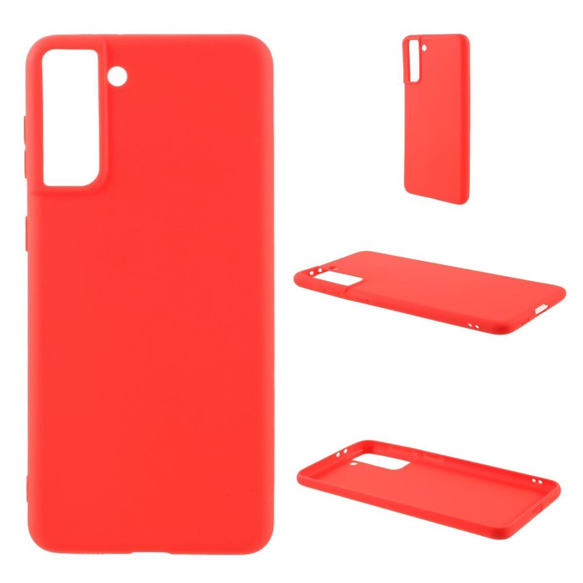 Ein Satz roter Handyhüllen. Enthält Ansichten von vorne, hinten und der Seite, abgewinkelt auf weißem Hintergrund.