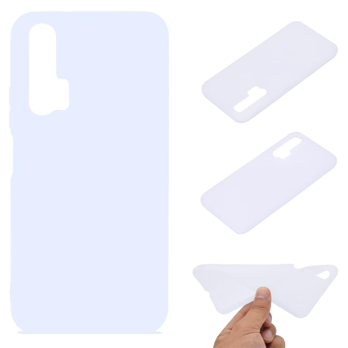 Weiße Handyhülle in mehreren Ansichten. Die Hülle besteht aus einem glatten Material und hat eine rechteckige Form.