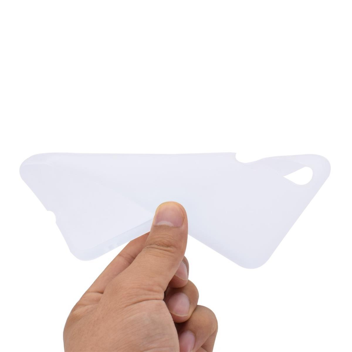 Hand hält eine weiße Handyhülle und zeigt deren Form und Aussparungen.