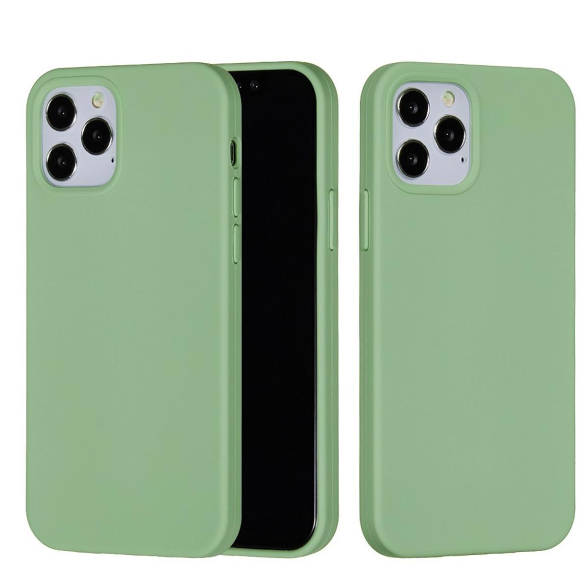 Zwei grüne Handyhüllen, eine geöffnet, um das Telefon zu zeigen. Das Telefon ist schwarz.