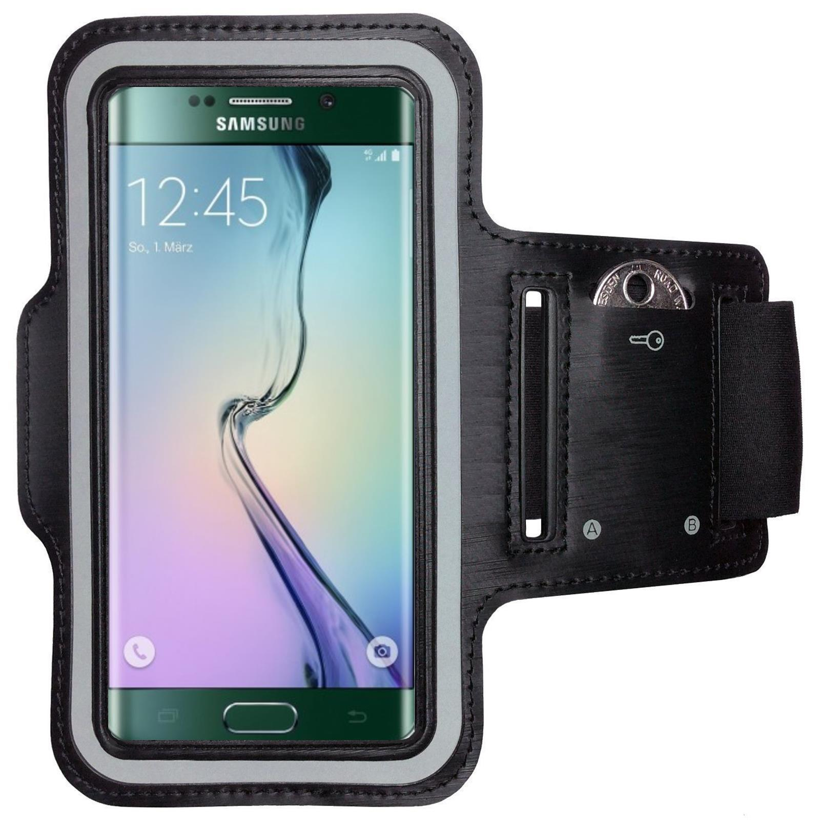 Schwarze Armbinde mit Samsung-Telefon, zeigt Zeit, grauer Rand.