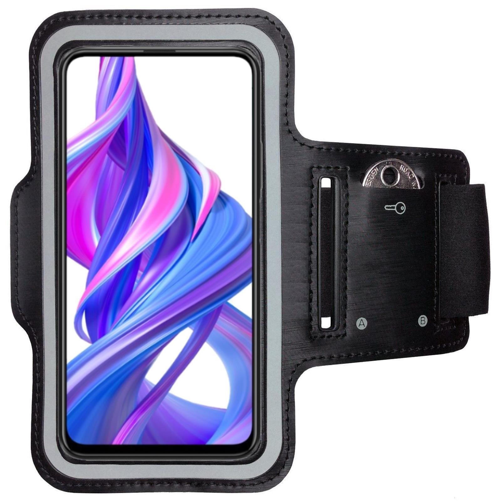 Ein Telefon in einer schwarz-grauen Armbinde. Der Telefonbildschirm zeigt abstrakte Farben.