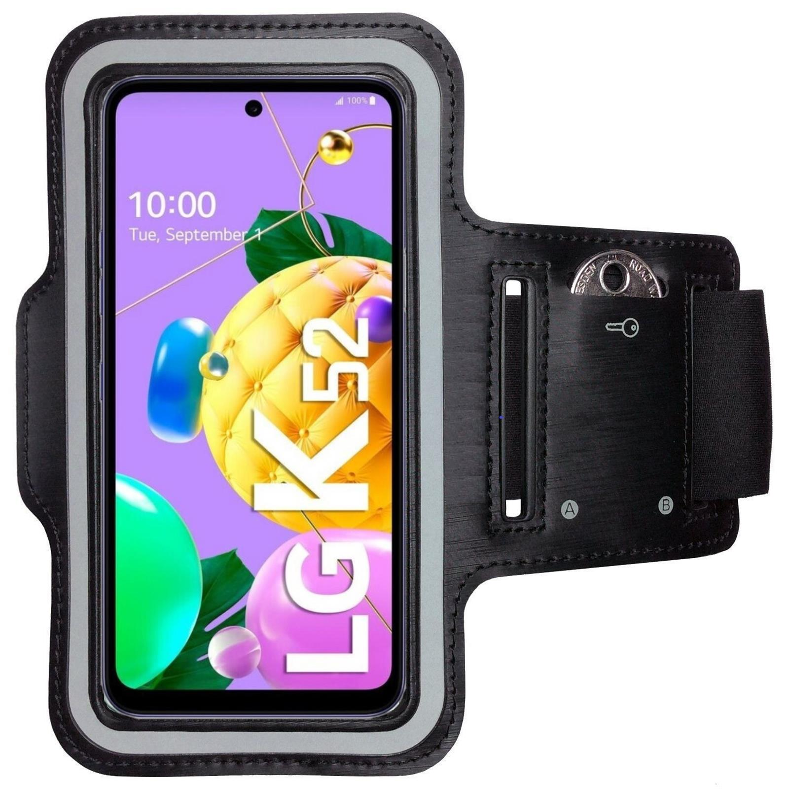 Armband für Telefon mit LG K52 auf dem Display. Schwarzes Band mit grauen Rändern.