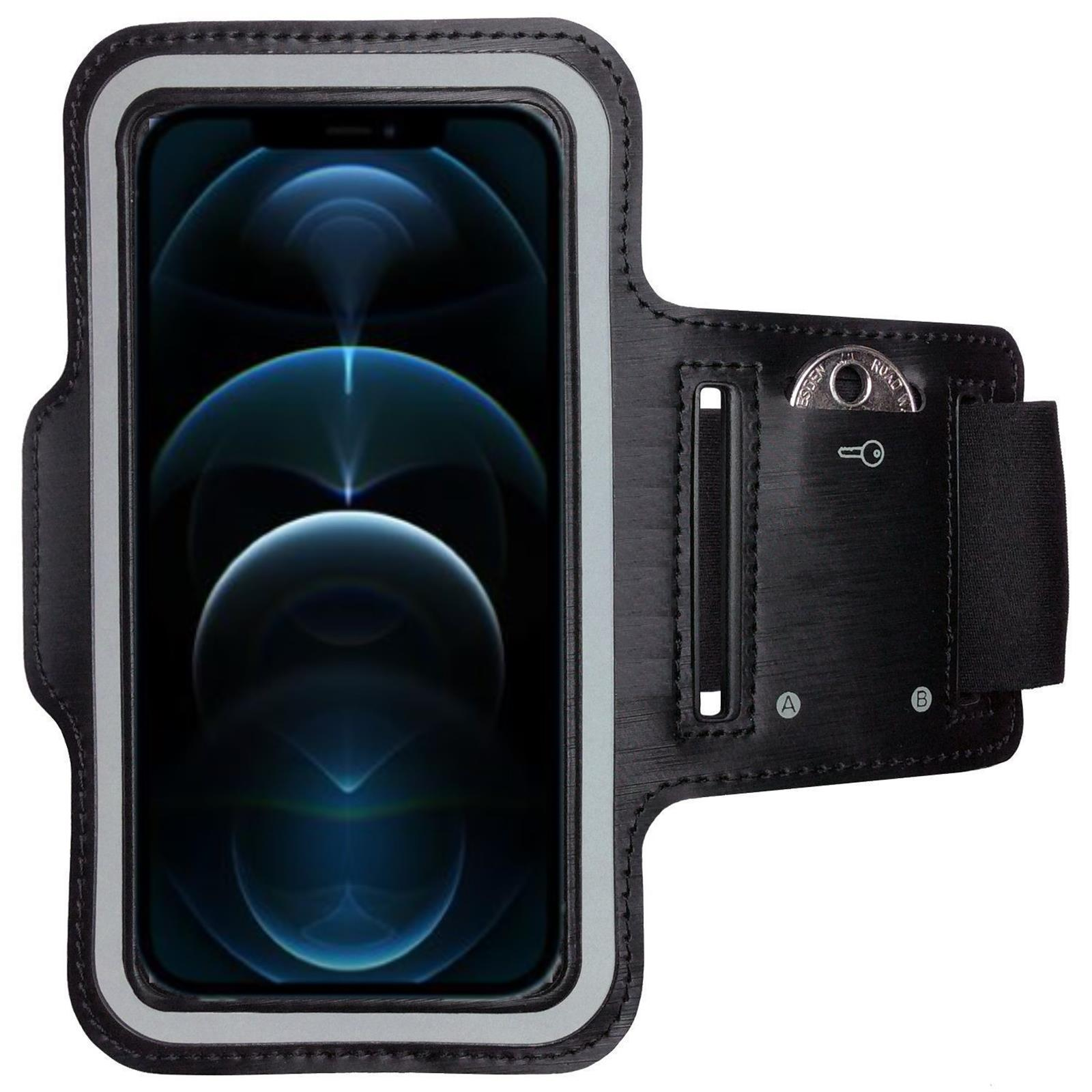 Schwarze Armbinde mit Telefon. Telefon zeigt blaues, abstraktes Bild. Schwarzer Riemen.