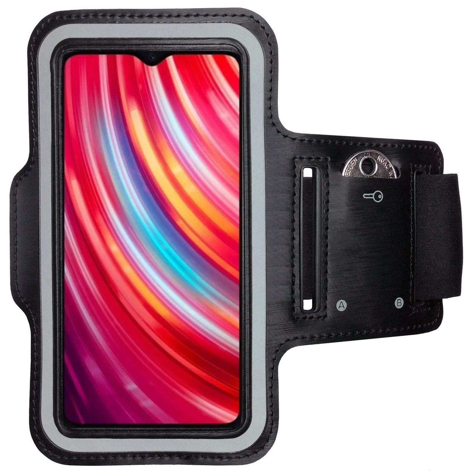 Schwarzes Handy-Armband. Telefonbildschirm zeigt rote, orangefarbene Farben. Schwarzer Riemen.