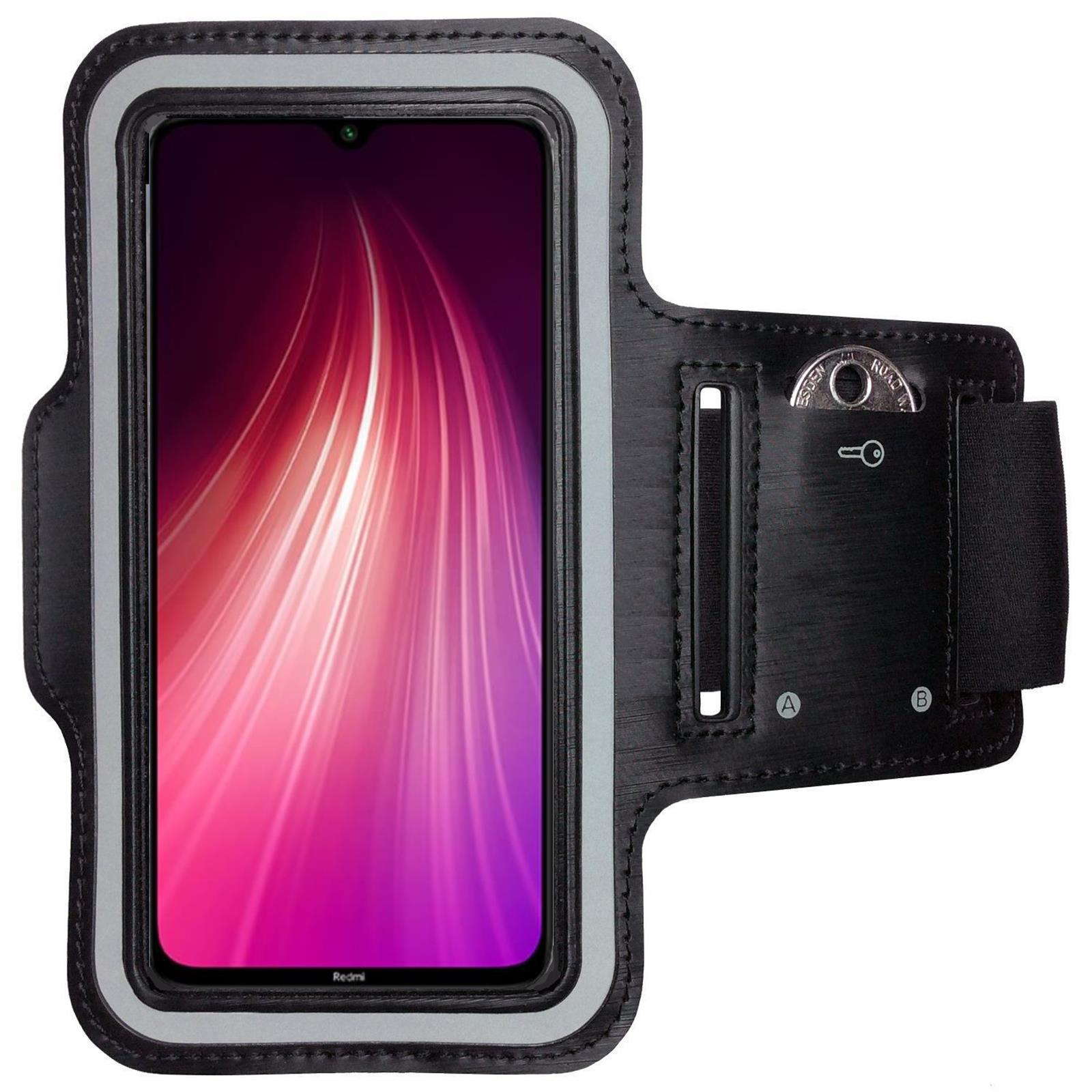 Schwarze Armband-Telefonhalterung mit Telefon darin. Der Telefonbildschirm zeigt einen pink-lila Farbverlauf. Weißer Hintergrund.