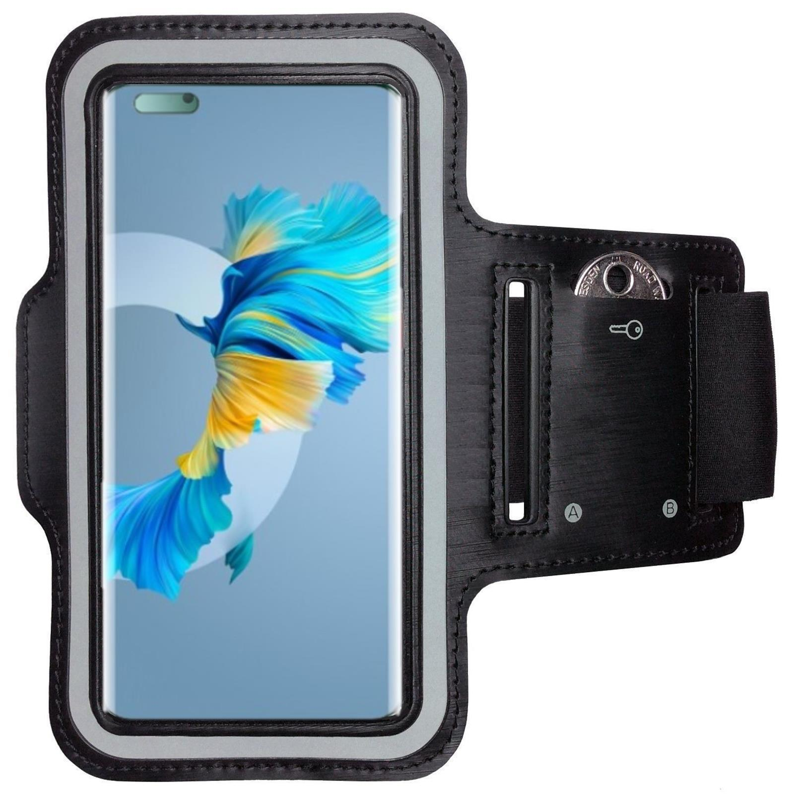 Schwarze Armbinde mit Telefon. Das Telefon zeigt ein farbenfrohes Bild. Armband mit Münze und Schlüssel.