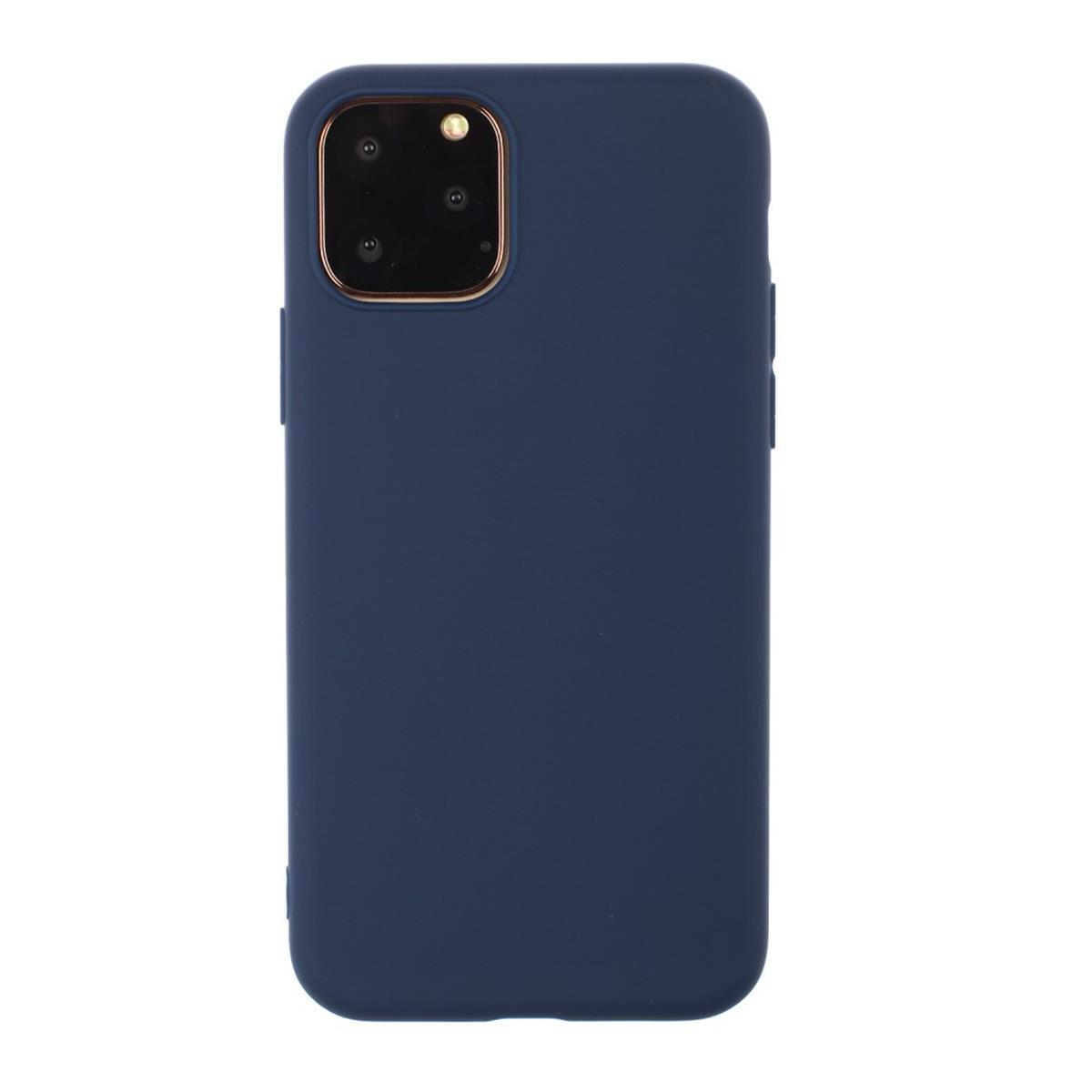 Eine blaue Handyhülle mit goldenem Kameraring. Der Hintergrund ist weiß.