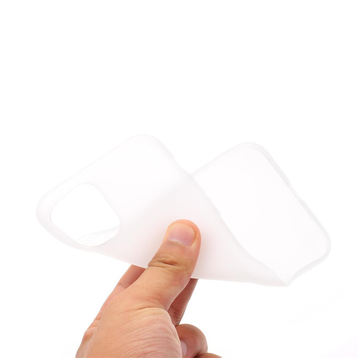 Eine Hand hält eine weiße Handyhülle und zeigt ihre Flexibilität vor weißem Hintergrund.