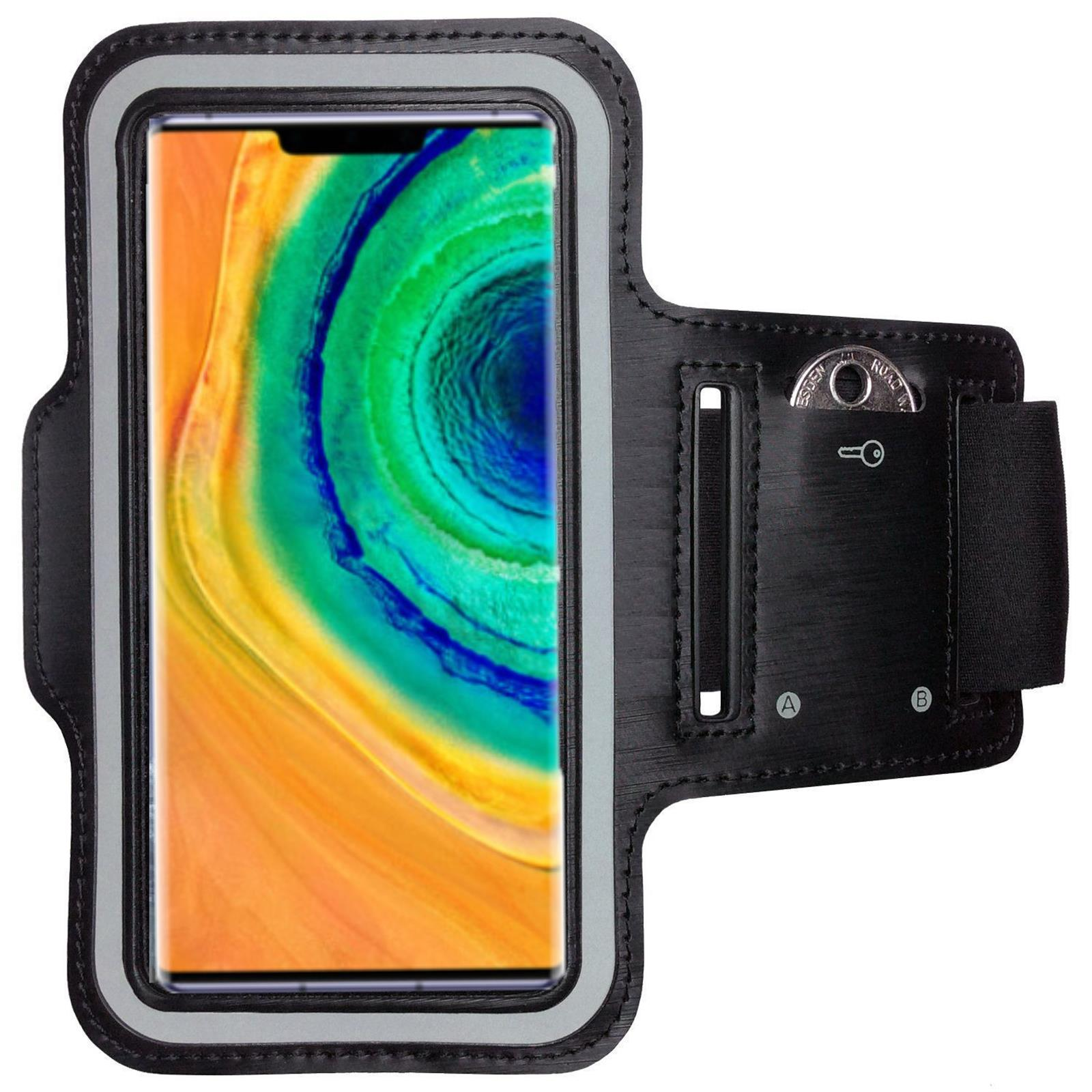 Ein schwarzer Armband mit Telefon, grauem Akzent, vor weißem Hintergrund.