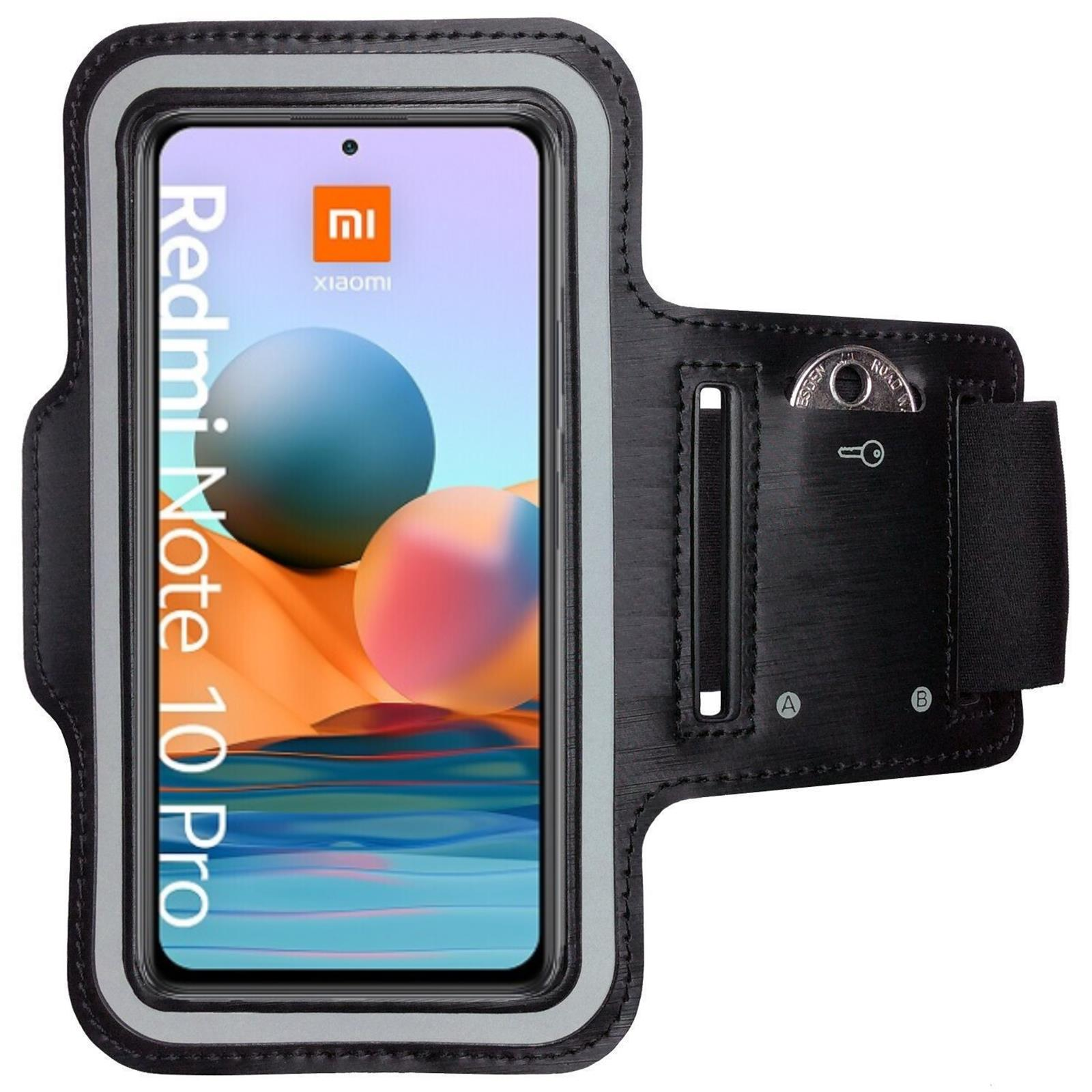 Schwarzer Armband mit Telefon, das Redmi Note 10 Pro anzeigt, graue und schwarze Details, weißer Hintergrund.