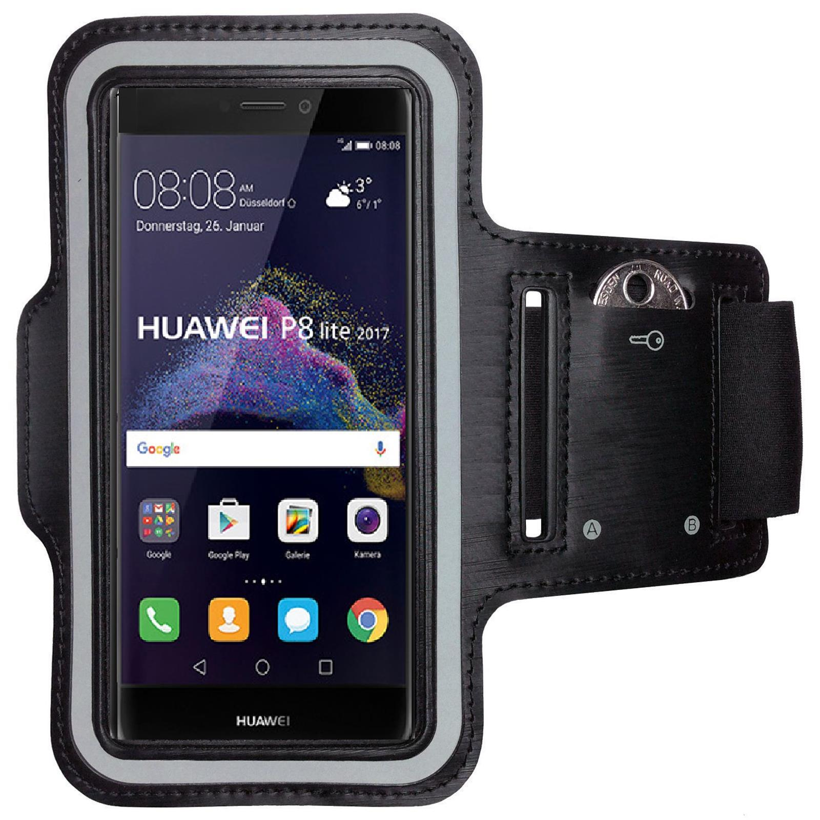 Schwarzes Smartphone in einer schwarz-grauen Armbinde, mit einem Bildschirm, der Zeit und Datum anzeigt.