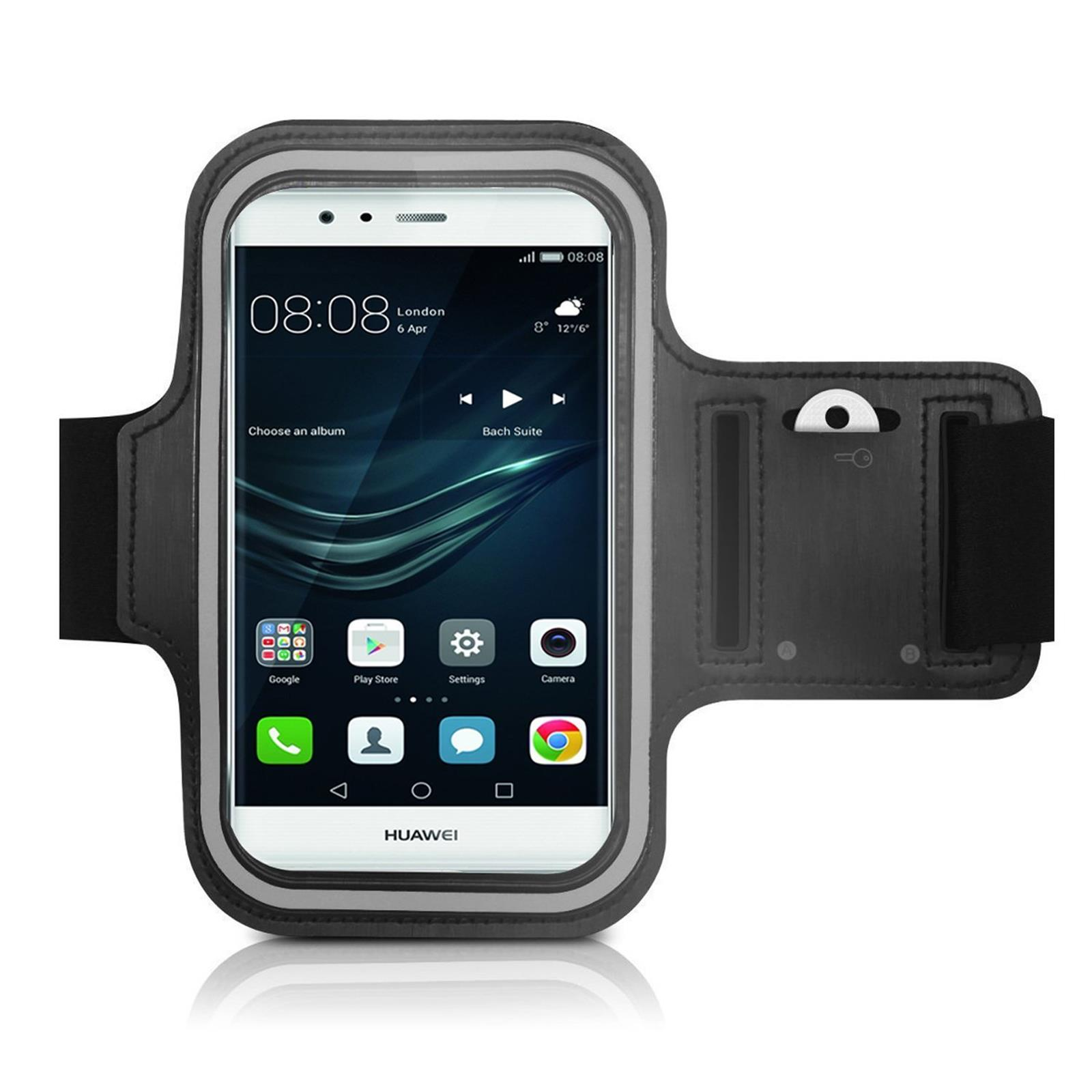 Smartphone in schwarzer Armbinde mit Uhrzeit- und App-Anzeige auf dem Bildschirm.