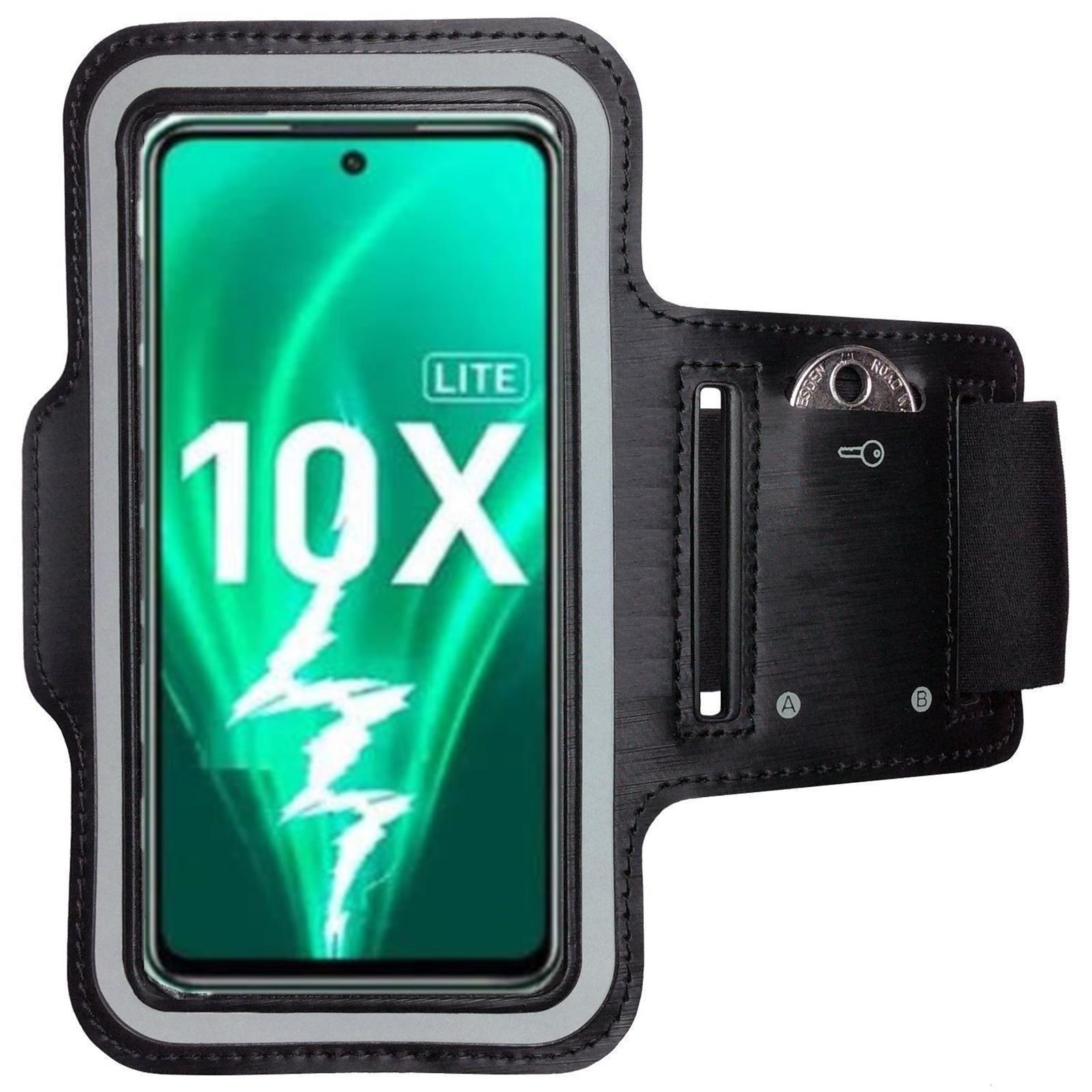Ein schwarzer Telefonhalter für den Arm mit Telefon im Inneren, Text '10X LITE', auf grünem Hintergrund.
